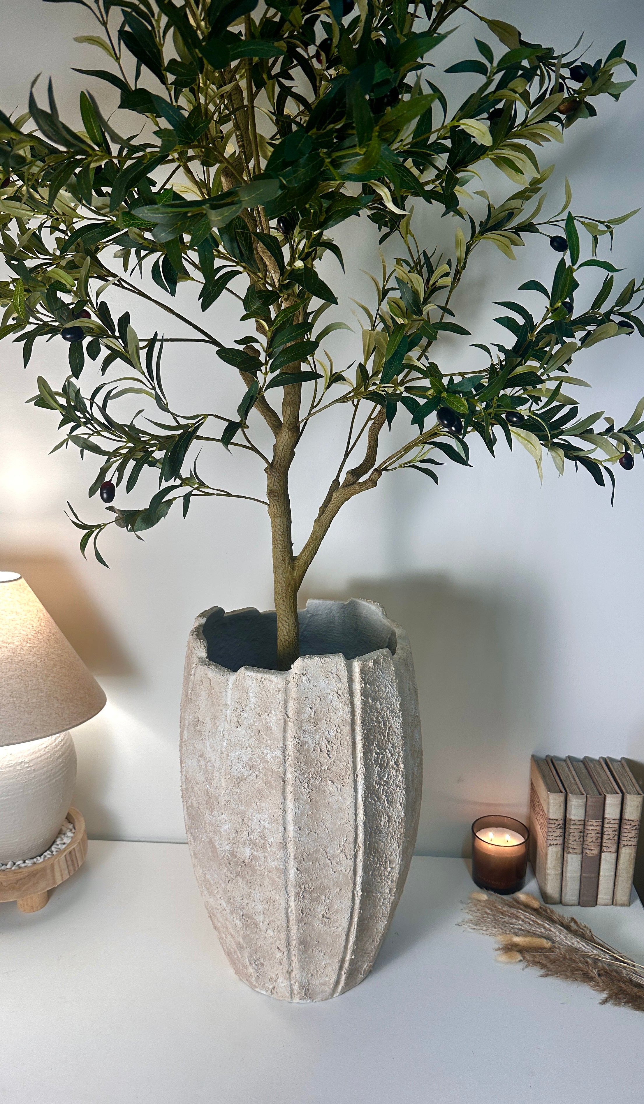 22" tall Minimalist Hand-Painted & Textured Planter Pot with drainage hole - Cream Sand wash