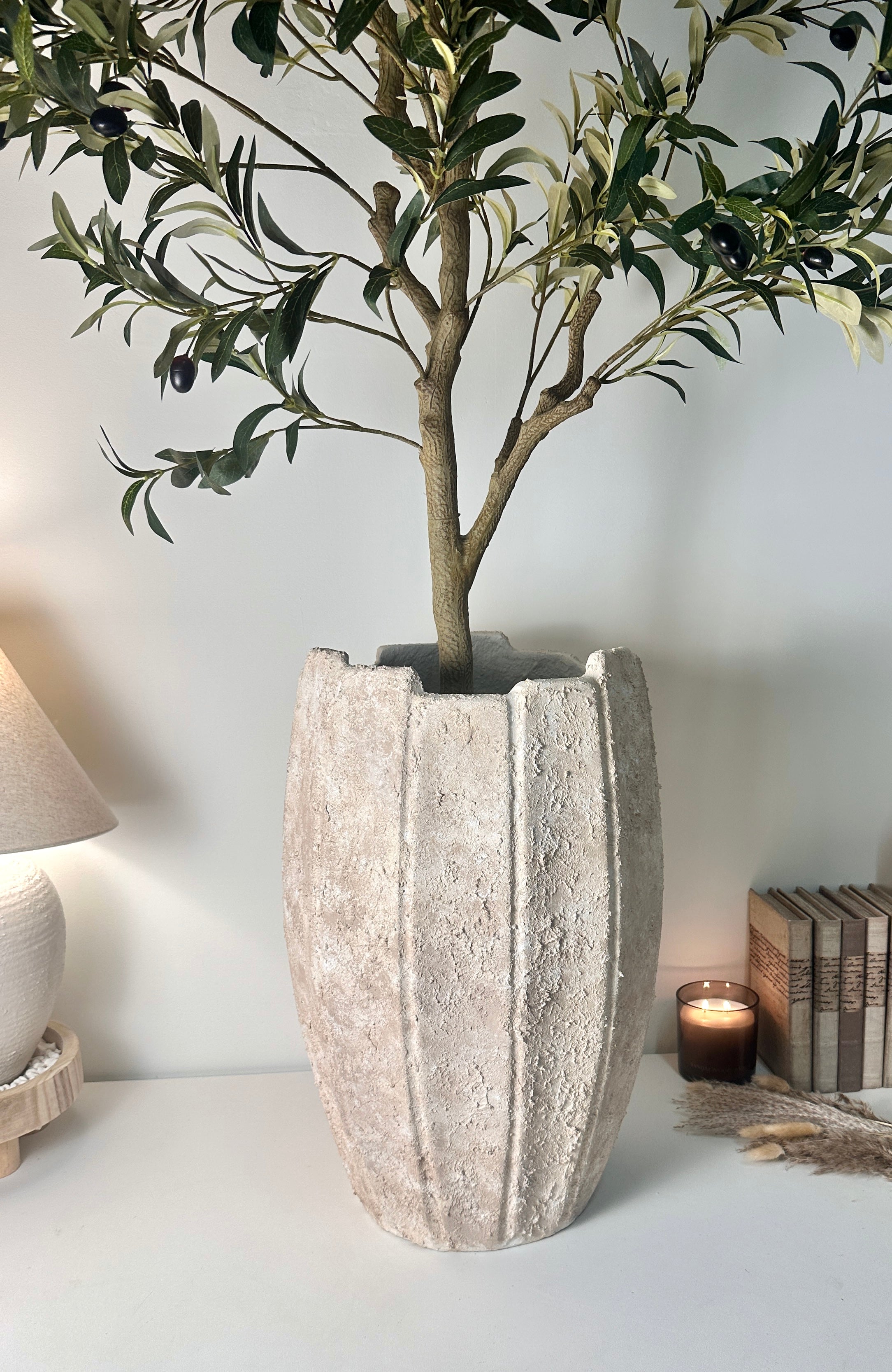 22" tall Minimalist Hand-Painted & Textured Planter Pot with drainage hole - Cream Sand wash