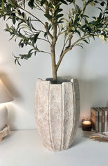 22" tall Minimalist Hand-Painted & Textured Planter Pot with drainage hole - Cream Sand wash