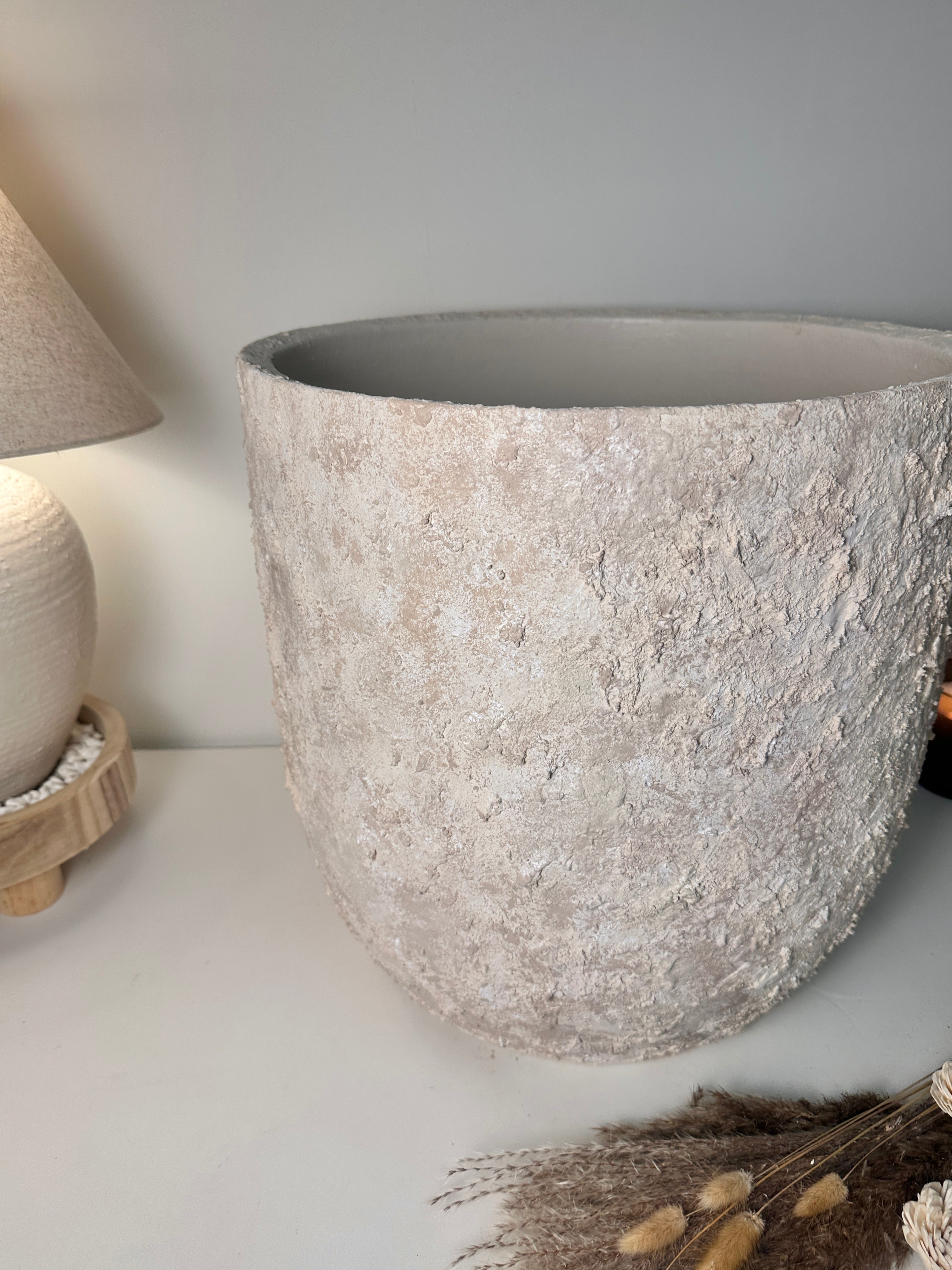 17" tall Minimalist Hand-Painted & Textured Planter Pot with drainage hole - cream wash