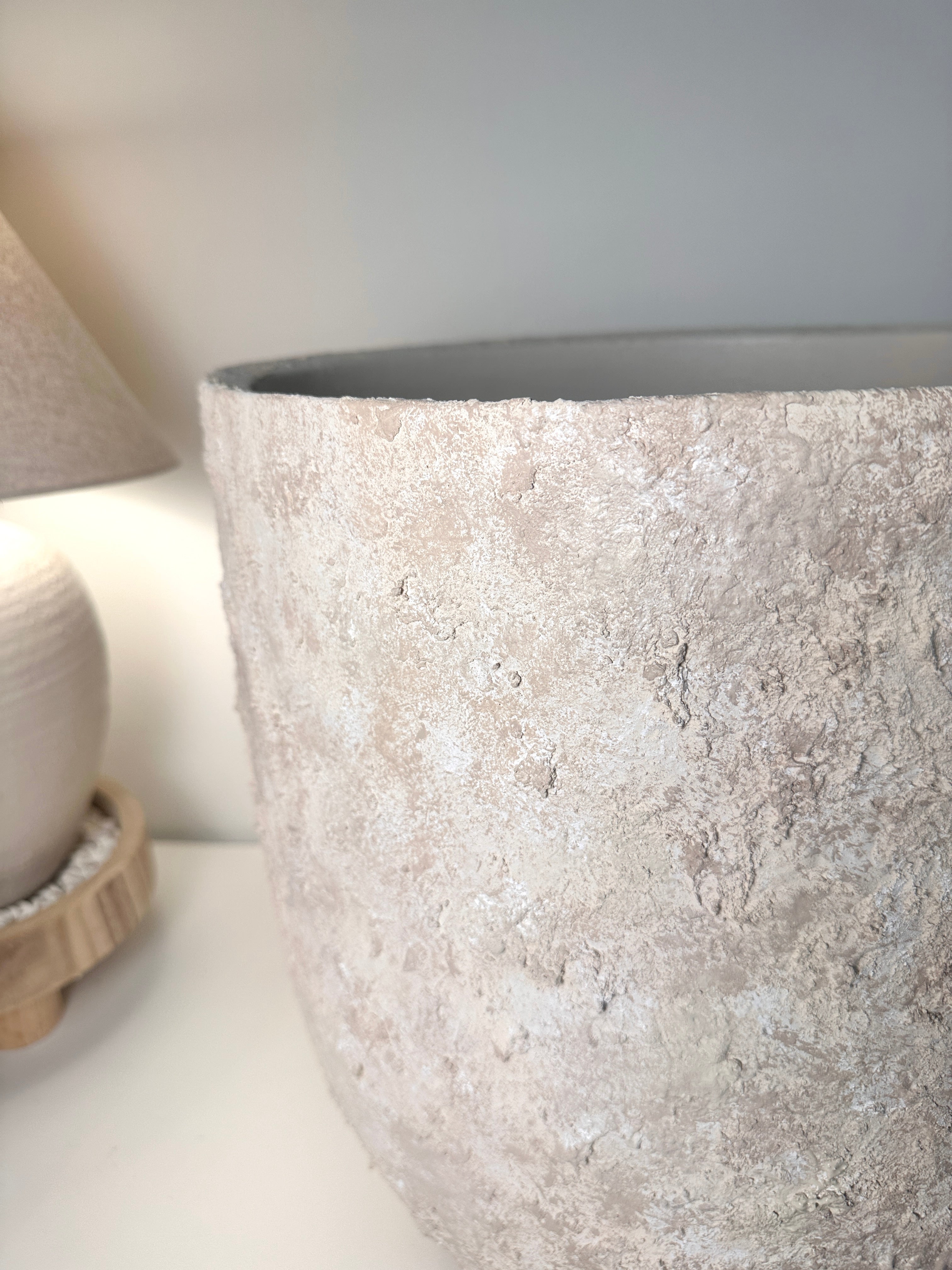 17" tall Minimalist Hand-Painted & Textured Planter Pot with drainage hole - cream wash