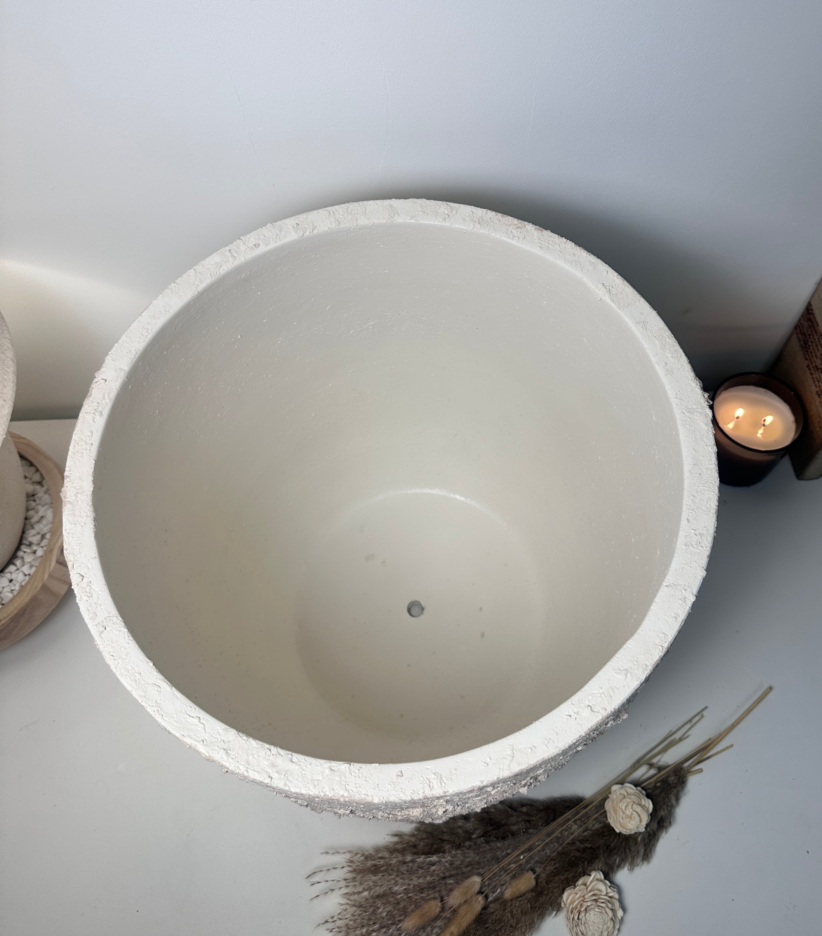 17" tall Minimalist Hand-Painted & Textured Planter Pot with drainage hole - cream wash
