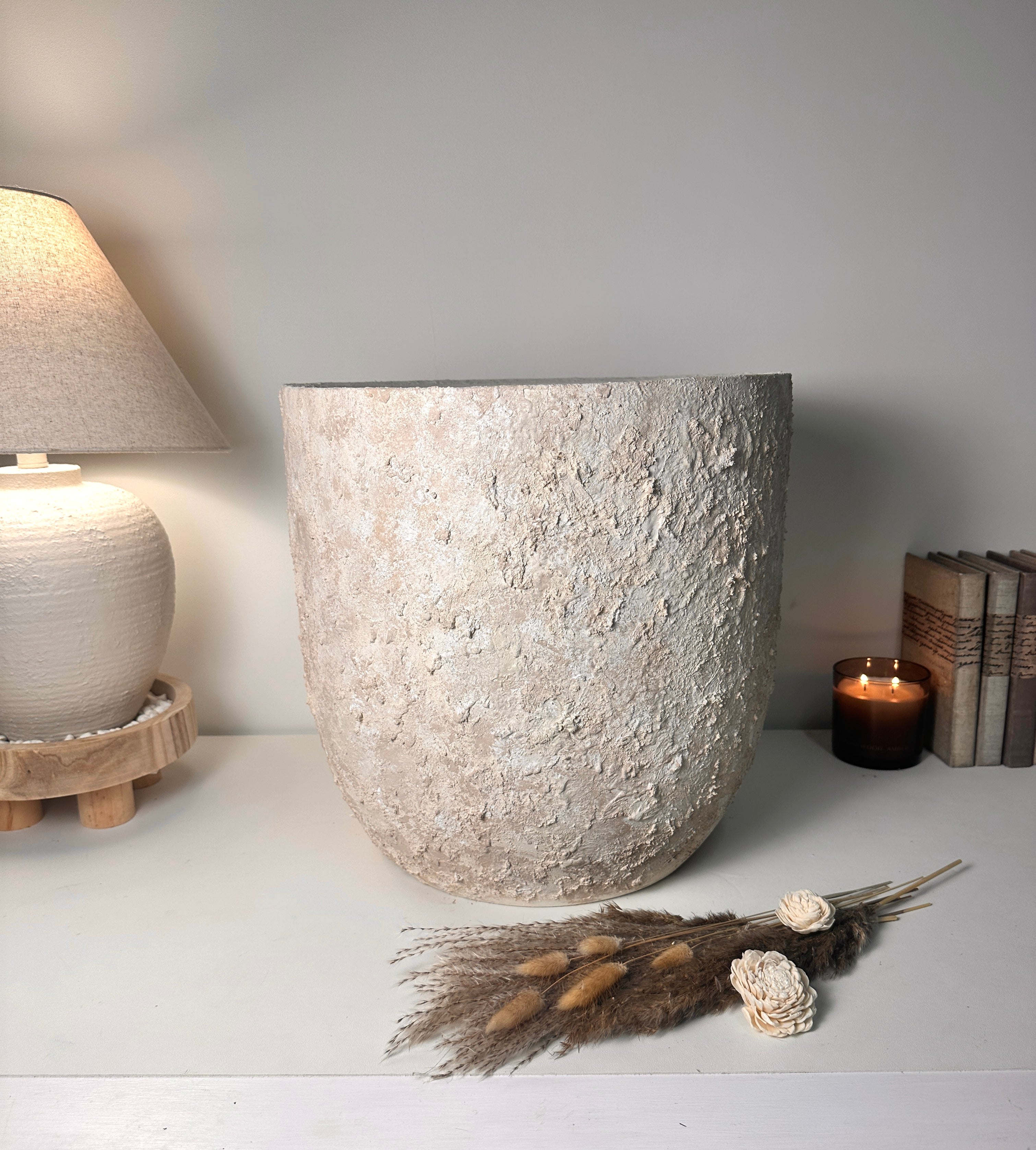17" tall Minimalist Hand-Painted & Textured Planter Pot with drainage hole - cream wash