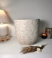 17" tall Minimalist Hand-Painted & Textured Planter Pot with drainage hole - cream wash