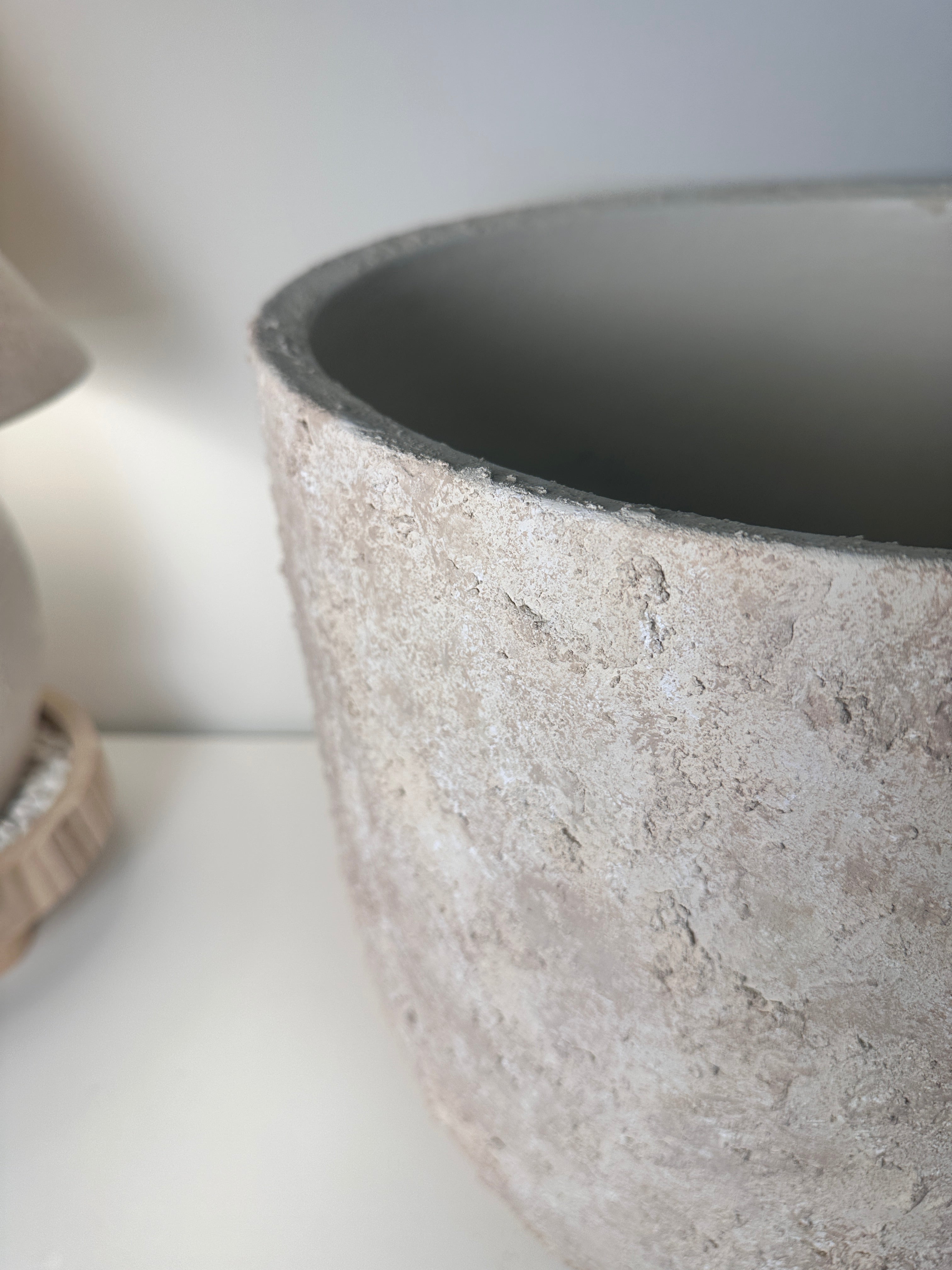 17" tall Minimalist Hand-Painted & Textured Planter Pot with drainage hole - cream wash