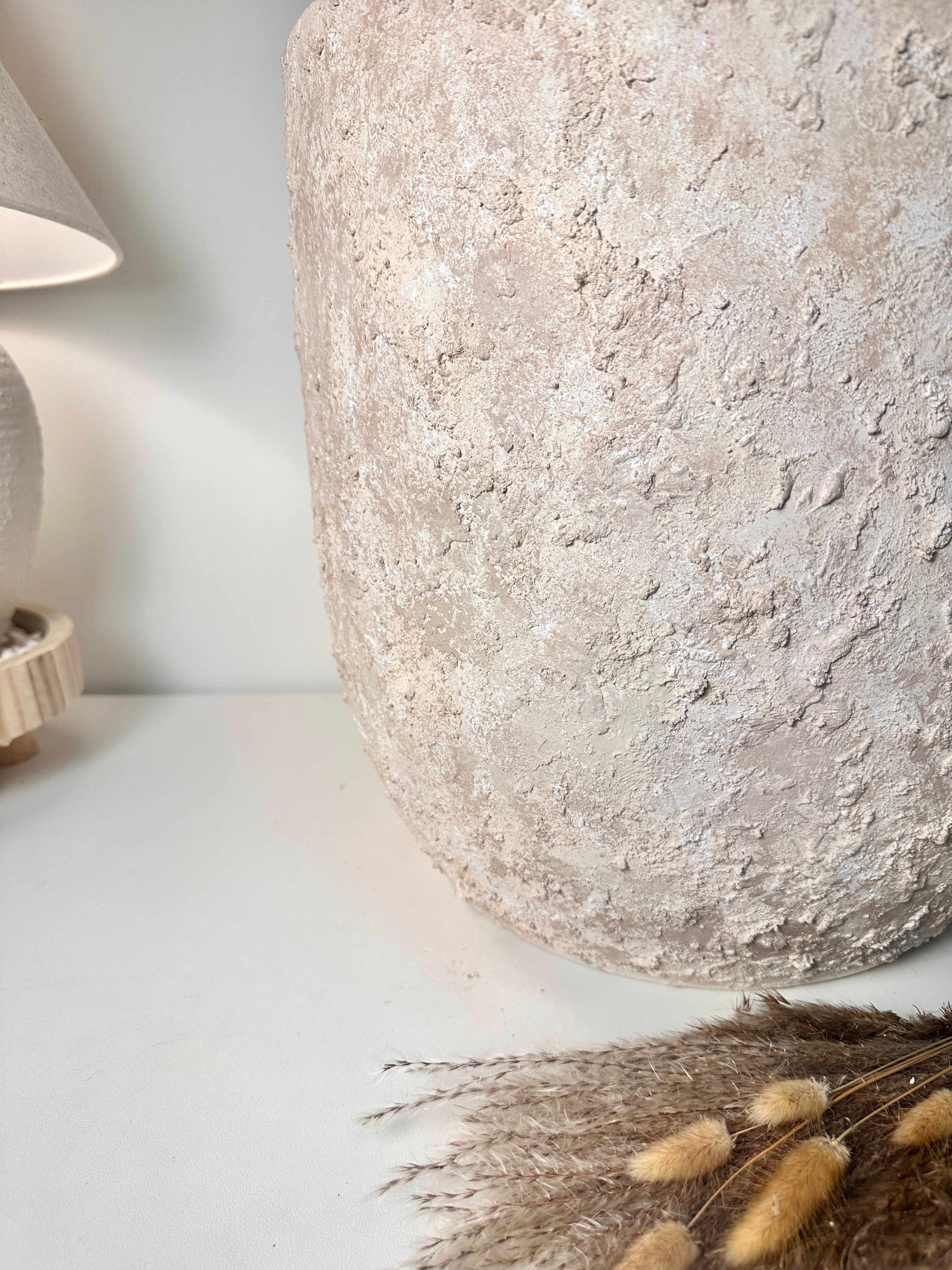 17" tall Minimalist Hand-Painted & Textured Planter Pot with drainage hole - cream wash