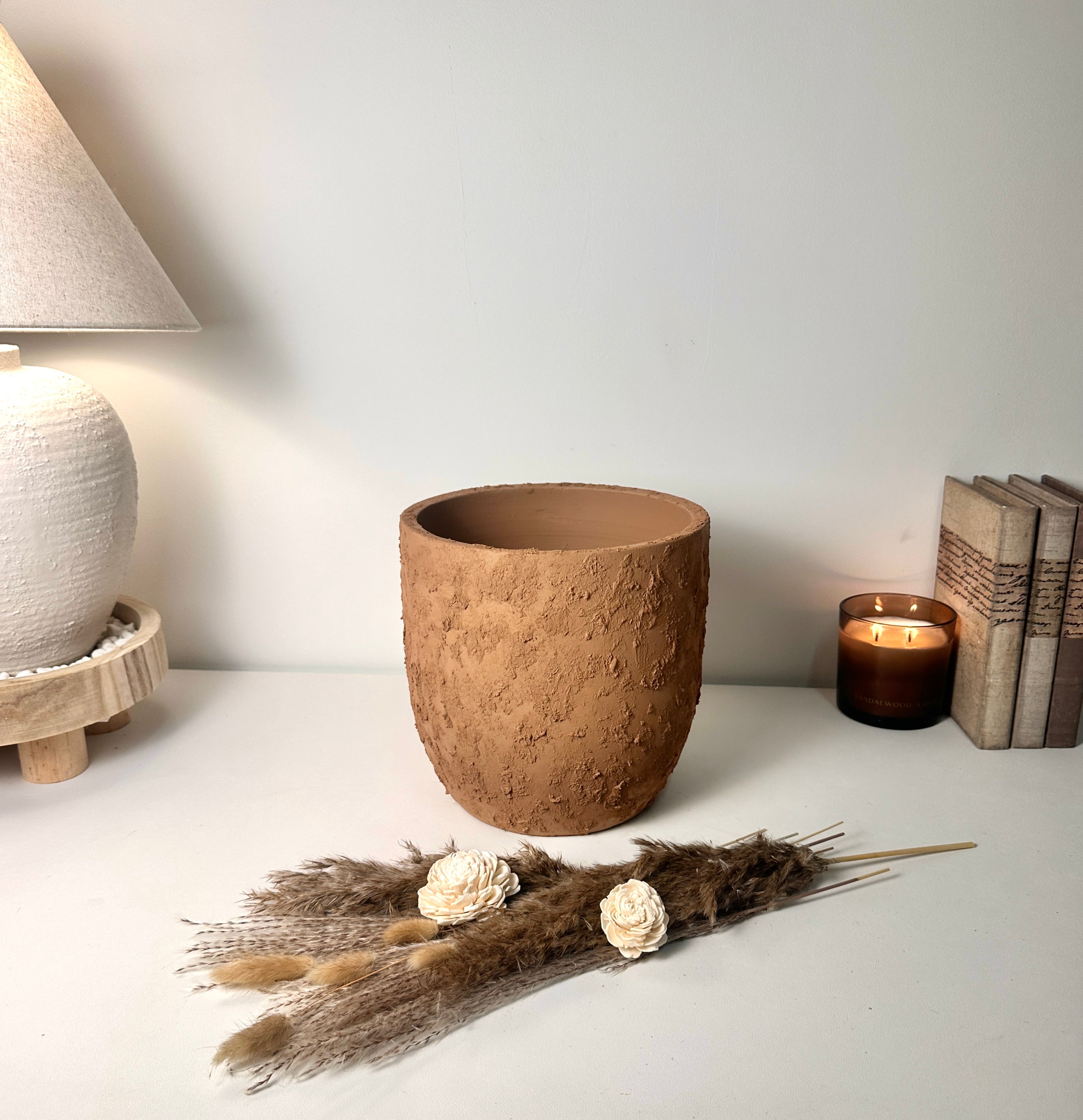 9" Tall Rustic Minimalist Hand-Painted & Textured Planter Pot with Drainage Hole -Terracotta Brown