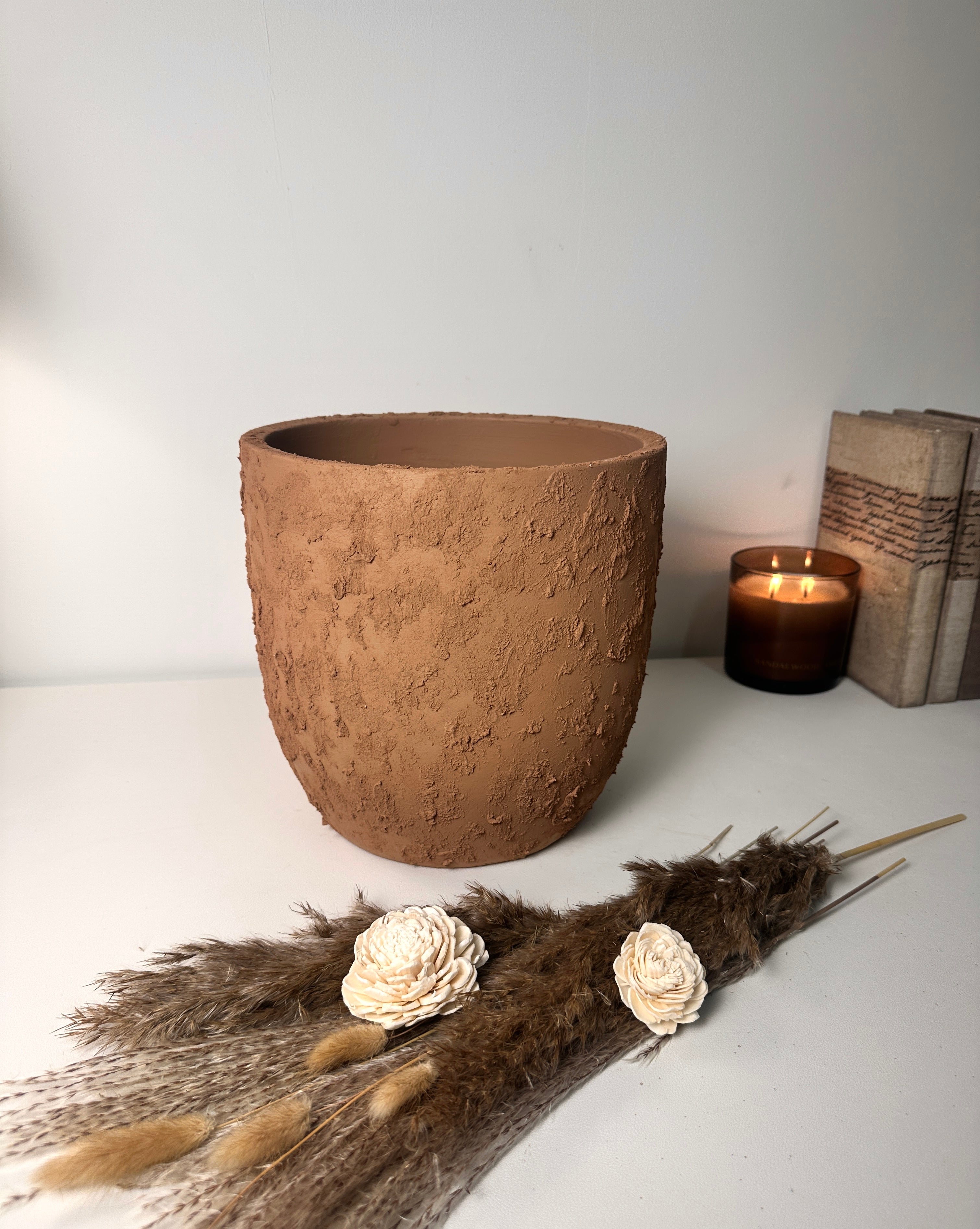 9" Tall Rustic Minimalist Hand-Painted & Textured Planter Pot with Drainage Hole -Terracotta Brown