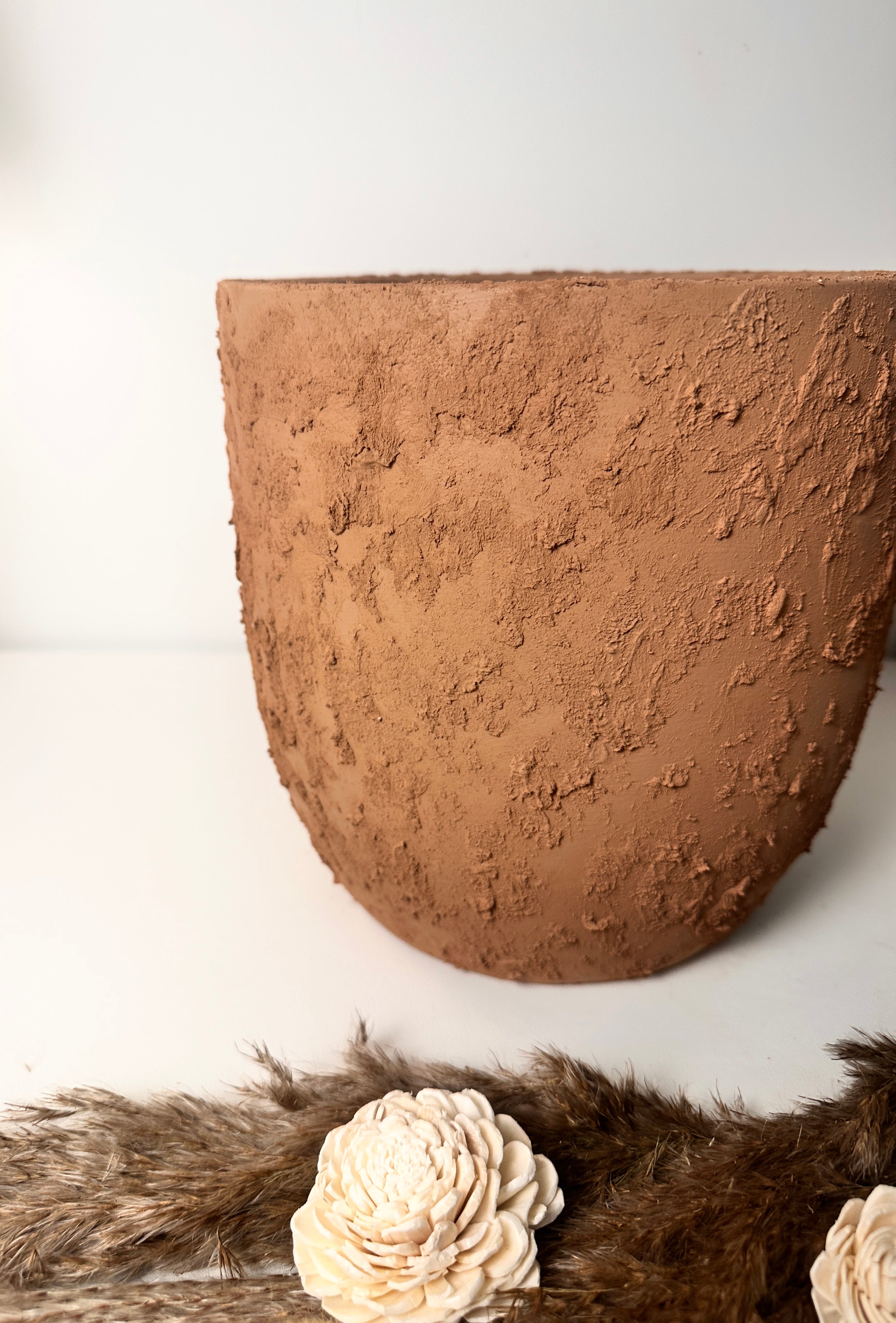 9" Tall Rustic Minimalist Hand-Painted & Textured Planter Pot with Drainage Hole -Terracotta Brown