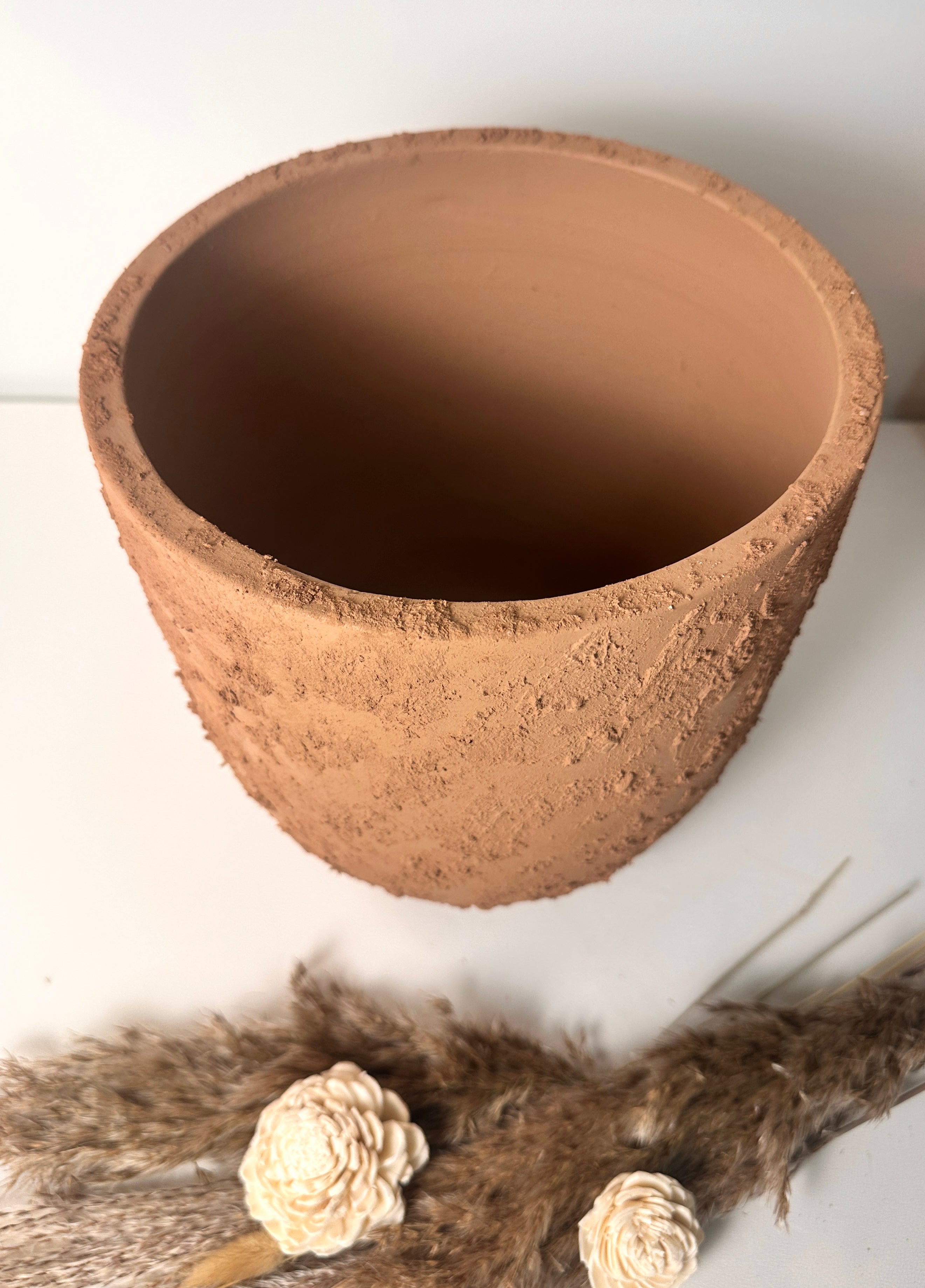 9" Tall Rustic Minimalist Hand-Painted & Textured Planter Pot with Drainage Hole -Terracotta Brown