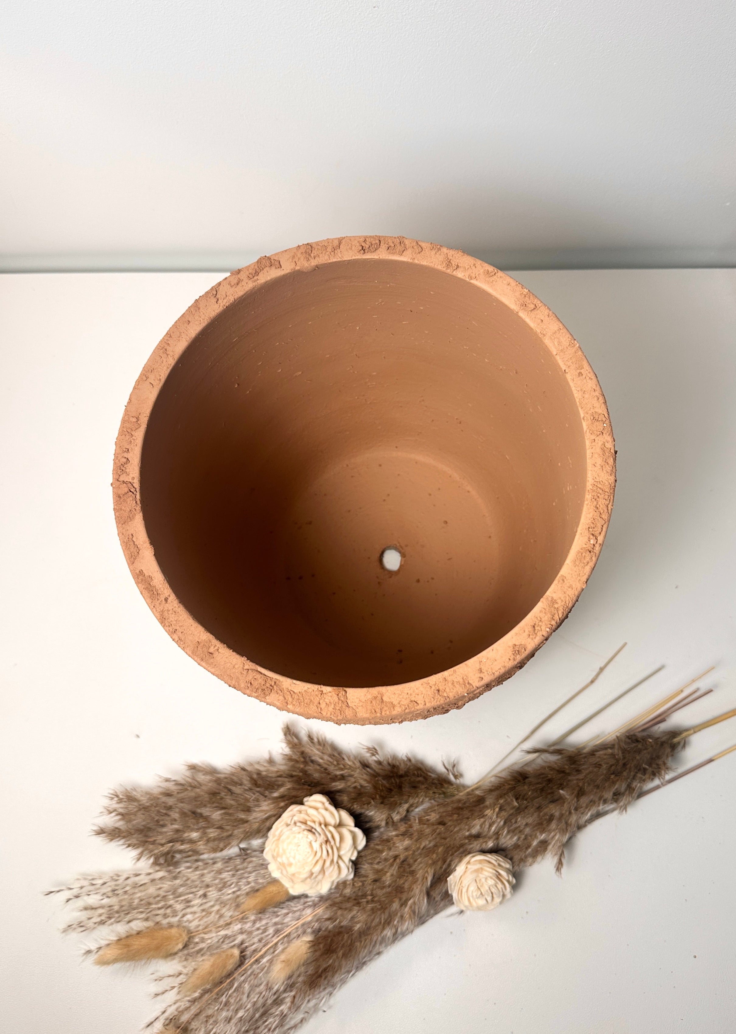 9" Tall Rustic Minimalist Hand-Painted & Textured Planter Pot with Drainage Hole -Terracotta Brown