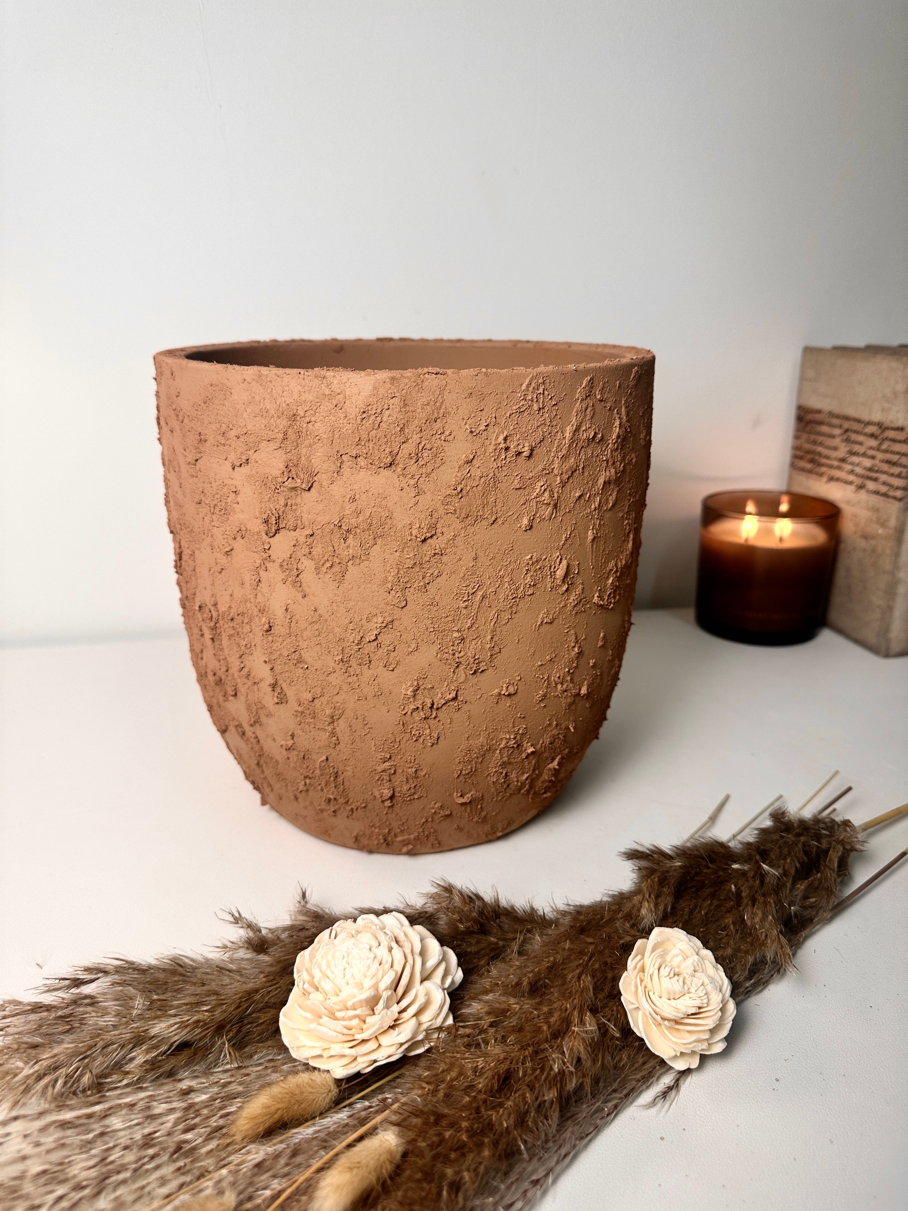 9" Tall Rustic Minimalist Hand-Painted & Textured Planter Pot with Drainage Hole -Terracotta Brown