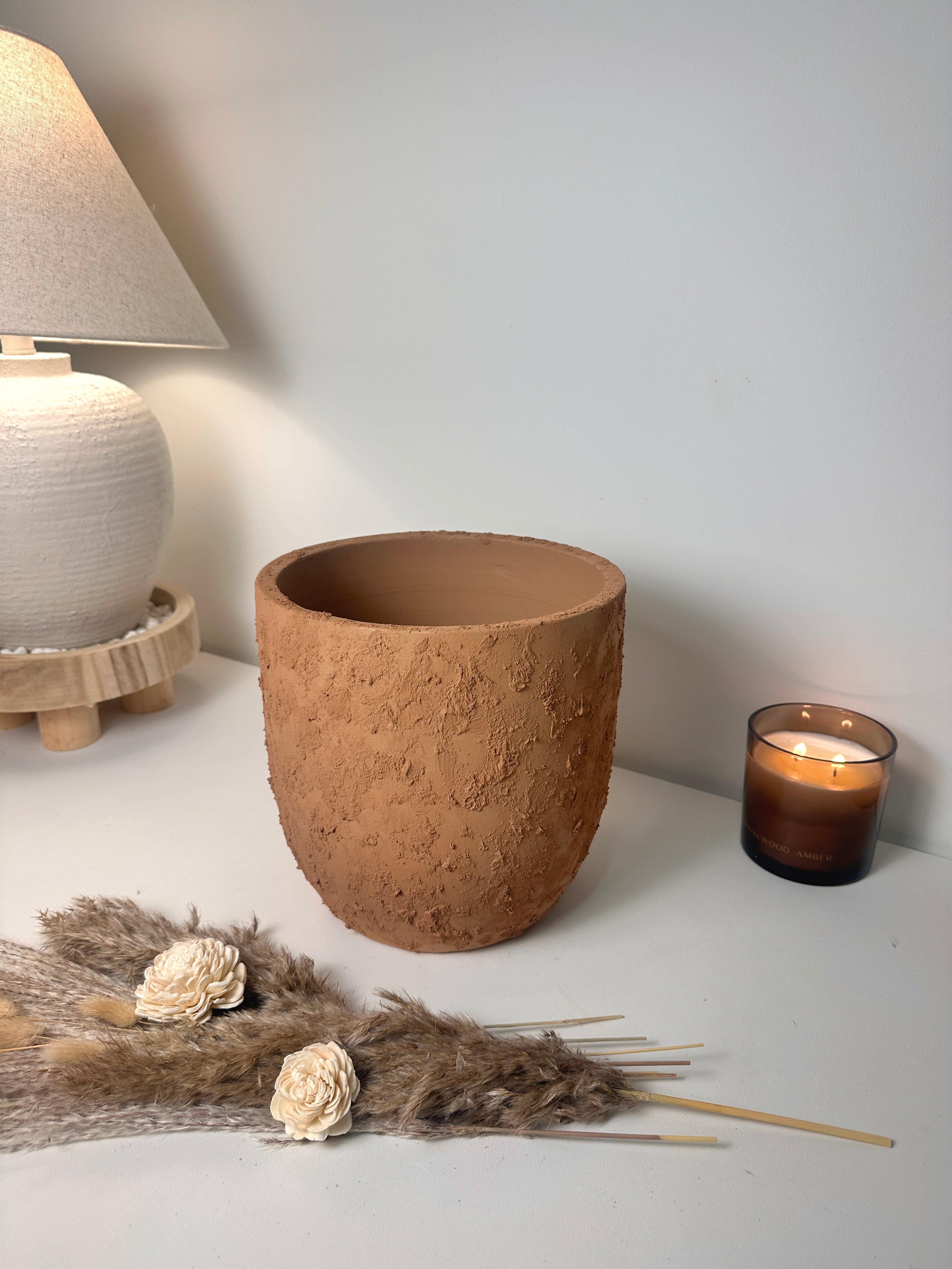 9" Tall Rustic Minimalist Hand-Painted & Textured Planter Pot with Drainage Hole -Terracotta Brown