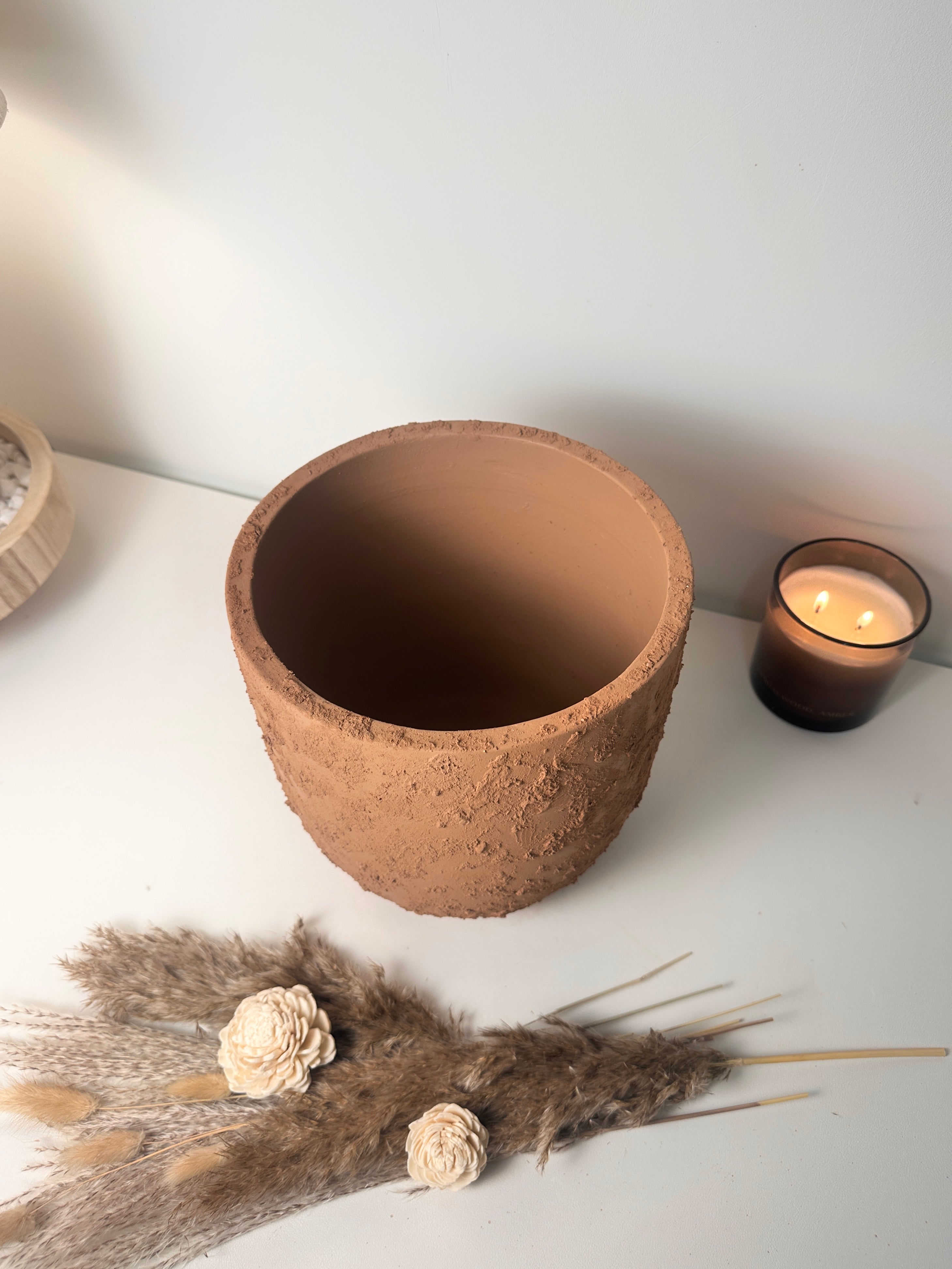 9" Tall Rustic Minimalist Hand-Painted & Textured Planter Pot with Drainage Hole -Terracotta Brown