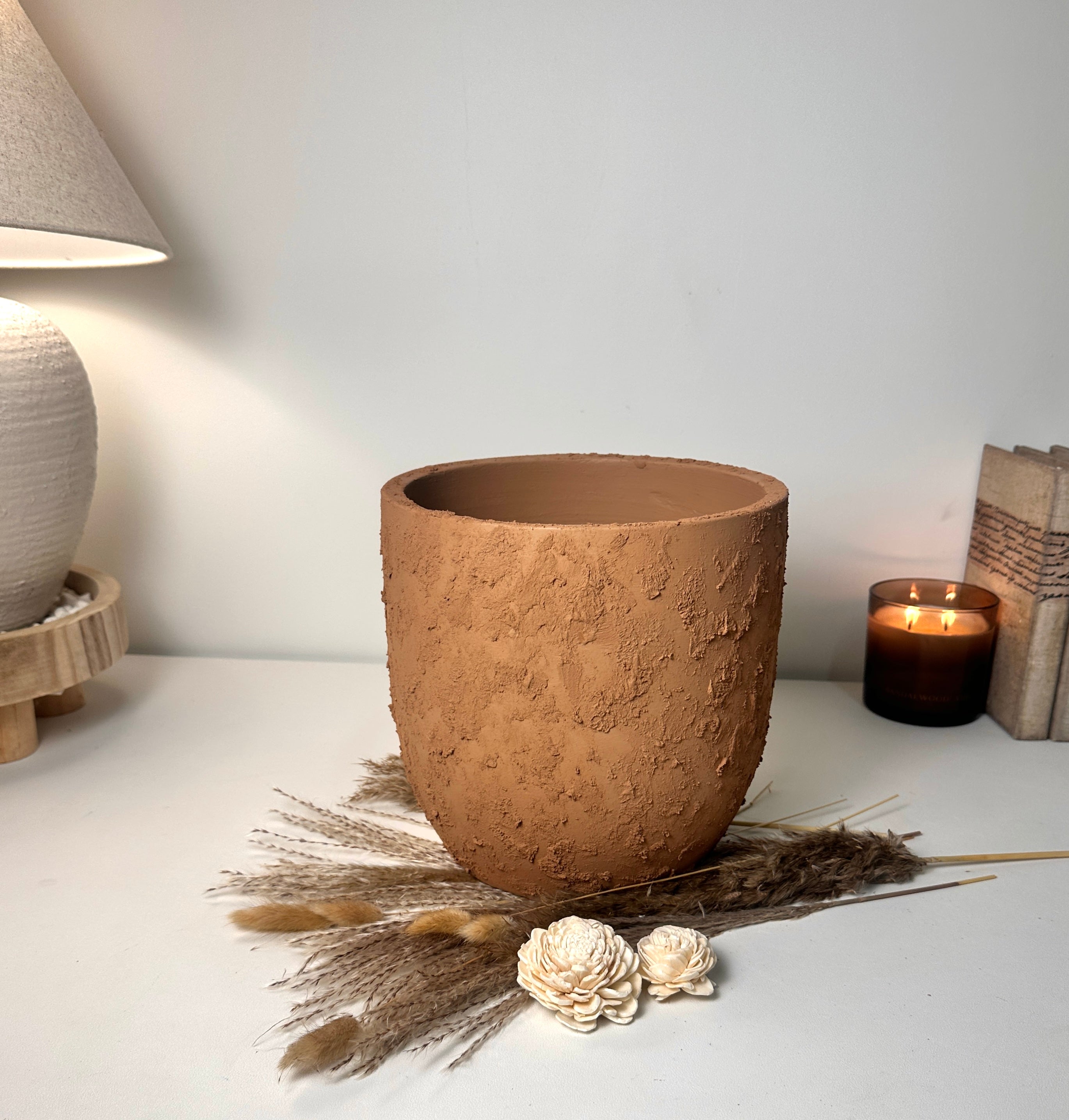 9" Tall Rustic Minimalist Hand-Painted & Textured Planter Pot with Drainage Hole -Terracotta Brown