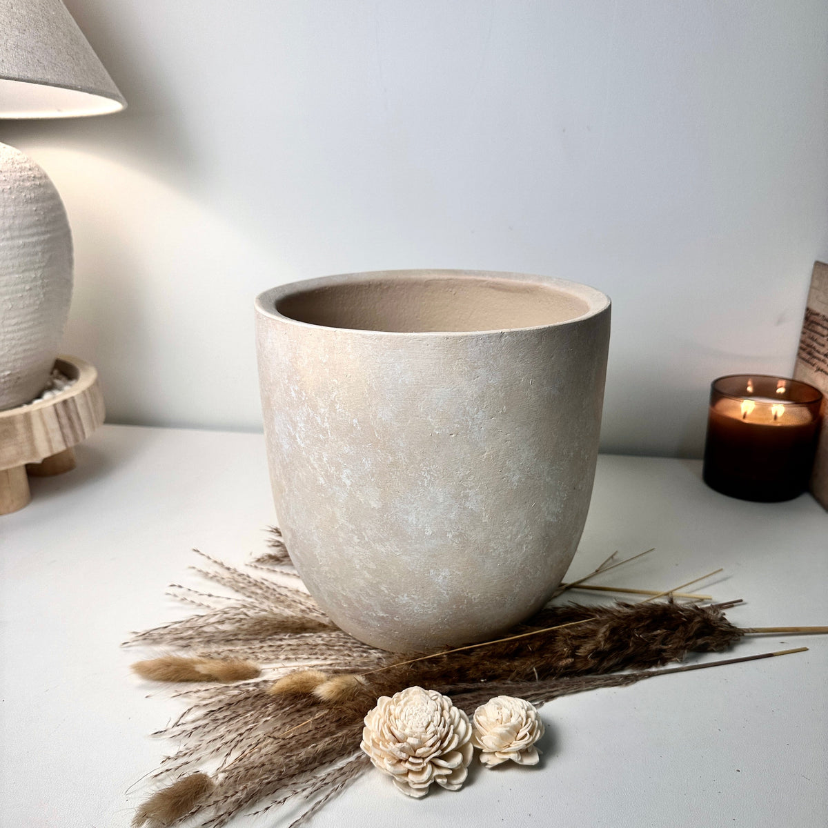 9" tall Minimalist Hand-Painted & Textured Planter Pot with drainage hole - Sand wash