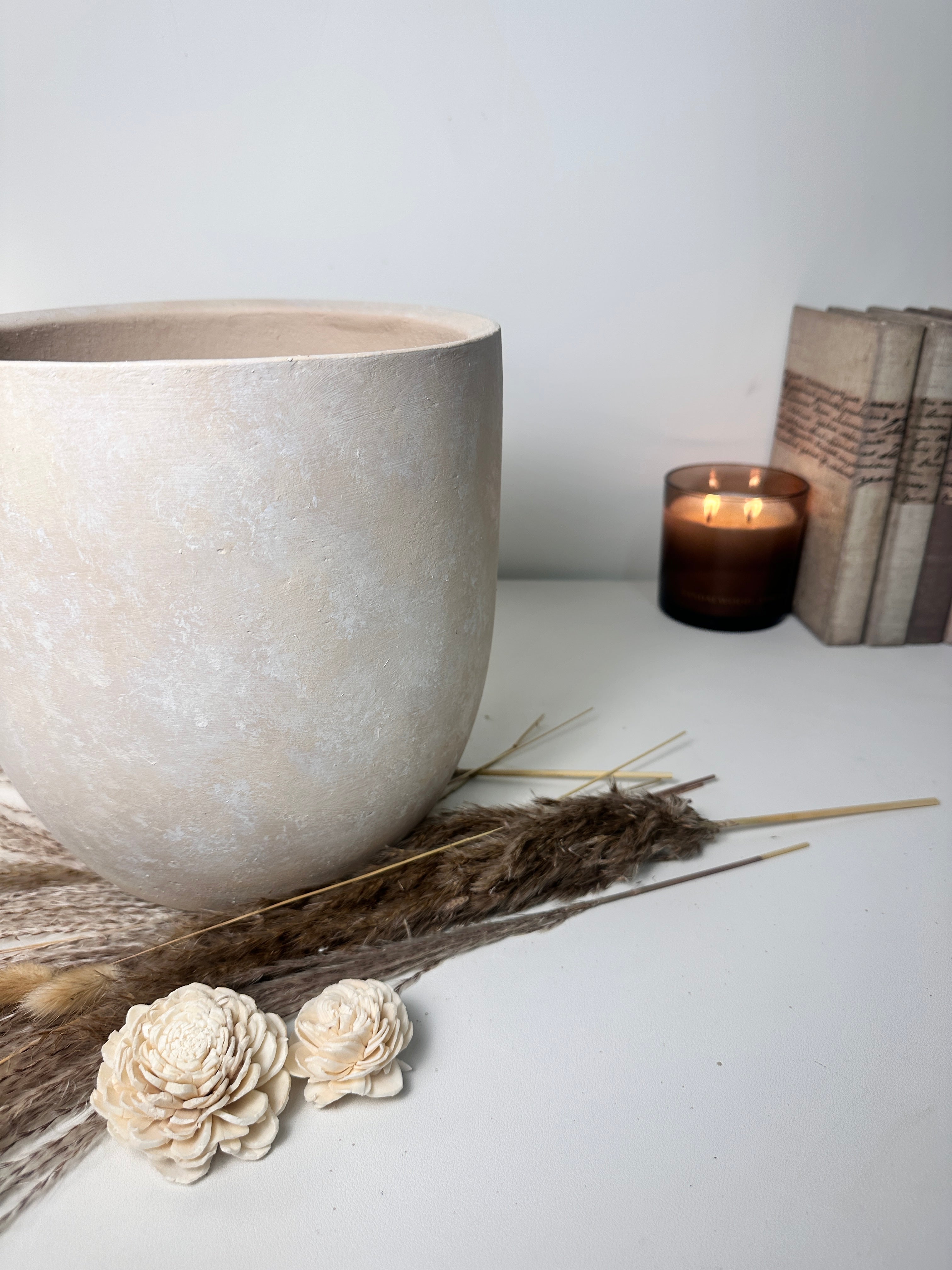 9" tall Minimalist Hand-Painted & Textured Planter Pot with drainage hole - Sand wash