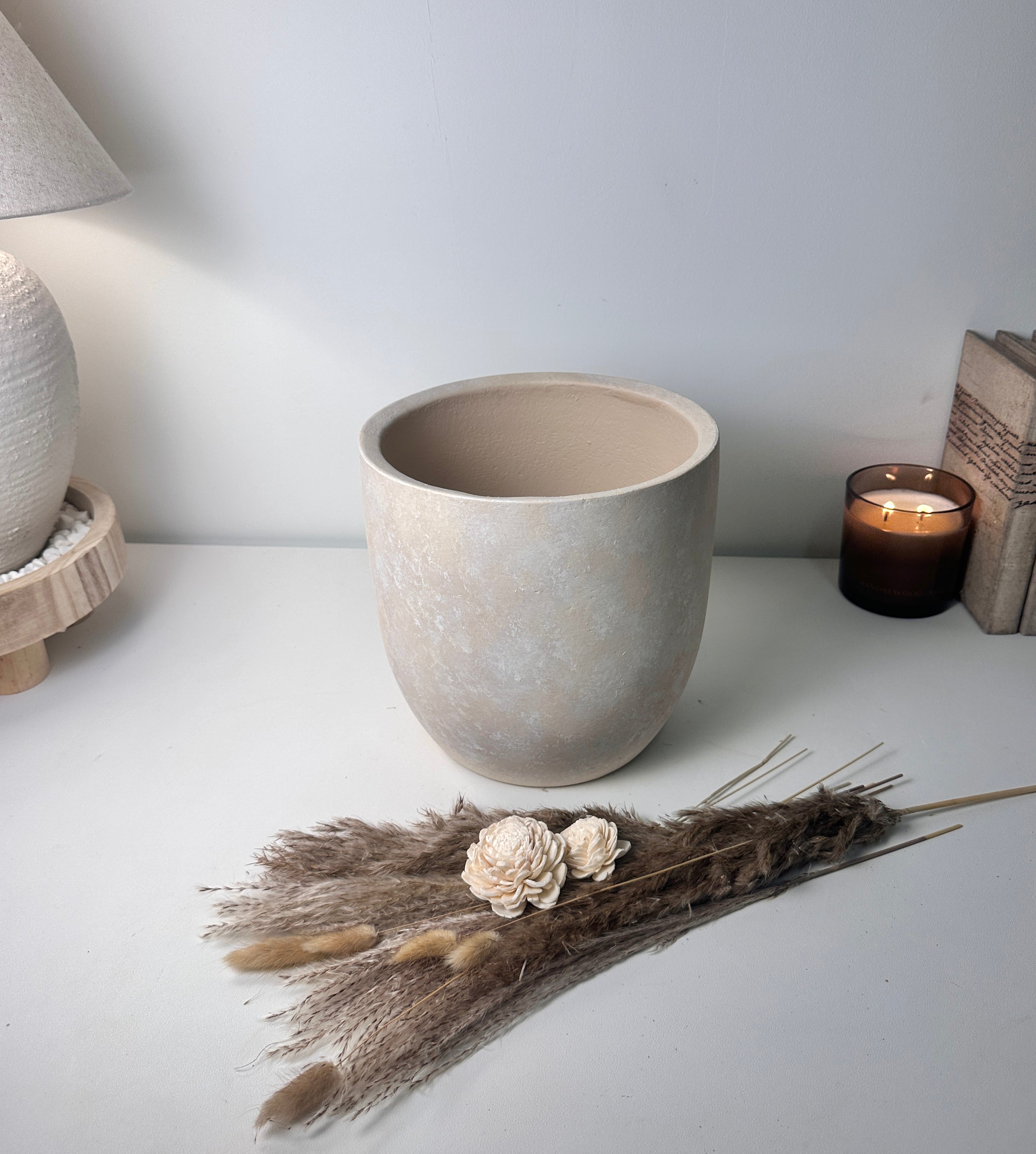 9" tall Minimalist Hand-Painted & Textured Planter Pot with drainage hole - Sand wash