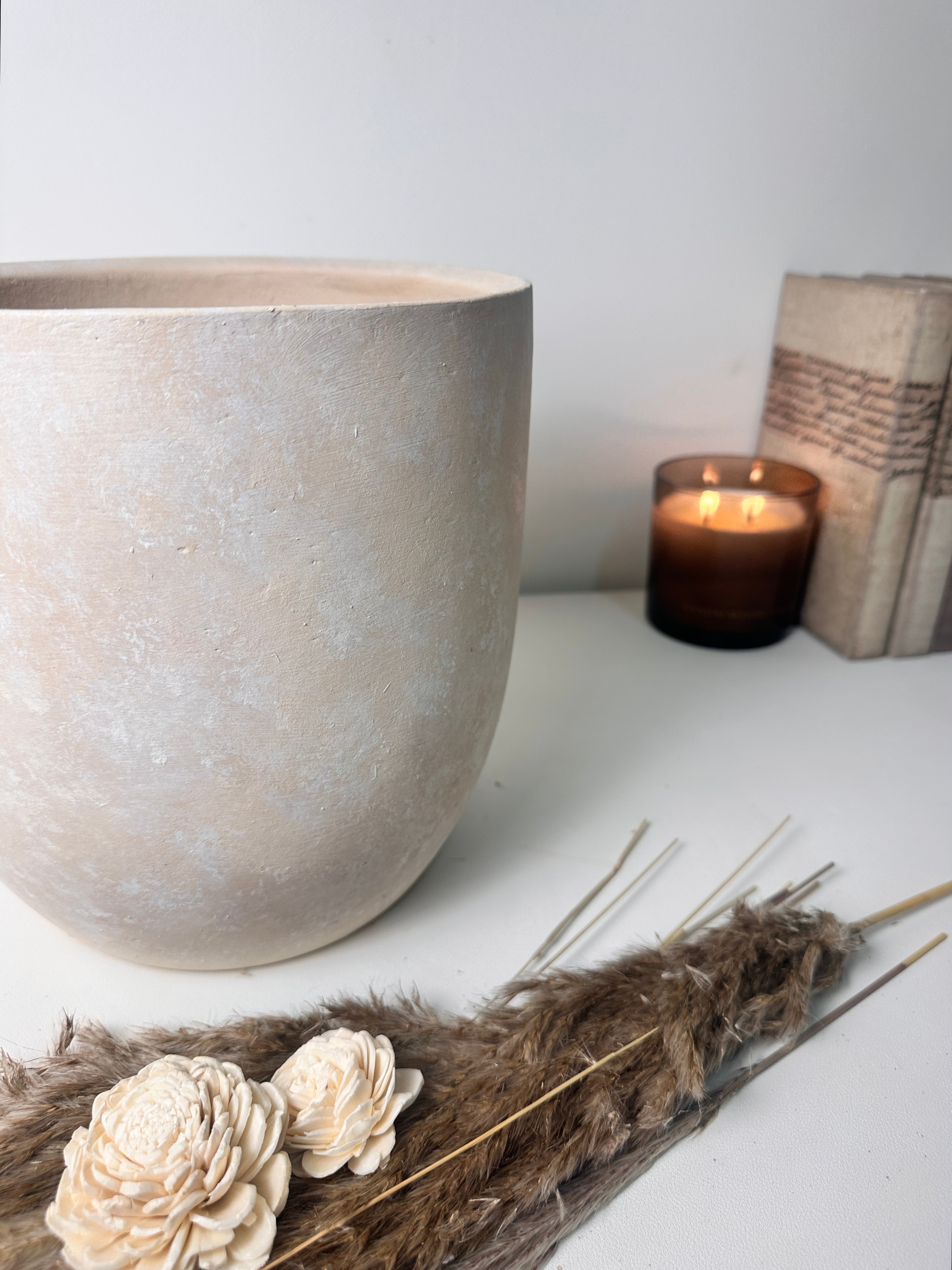 9" tall Minimalist Hand-Painted & Textured Planter Pot with drainage hole - Sand wash