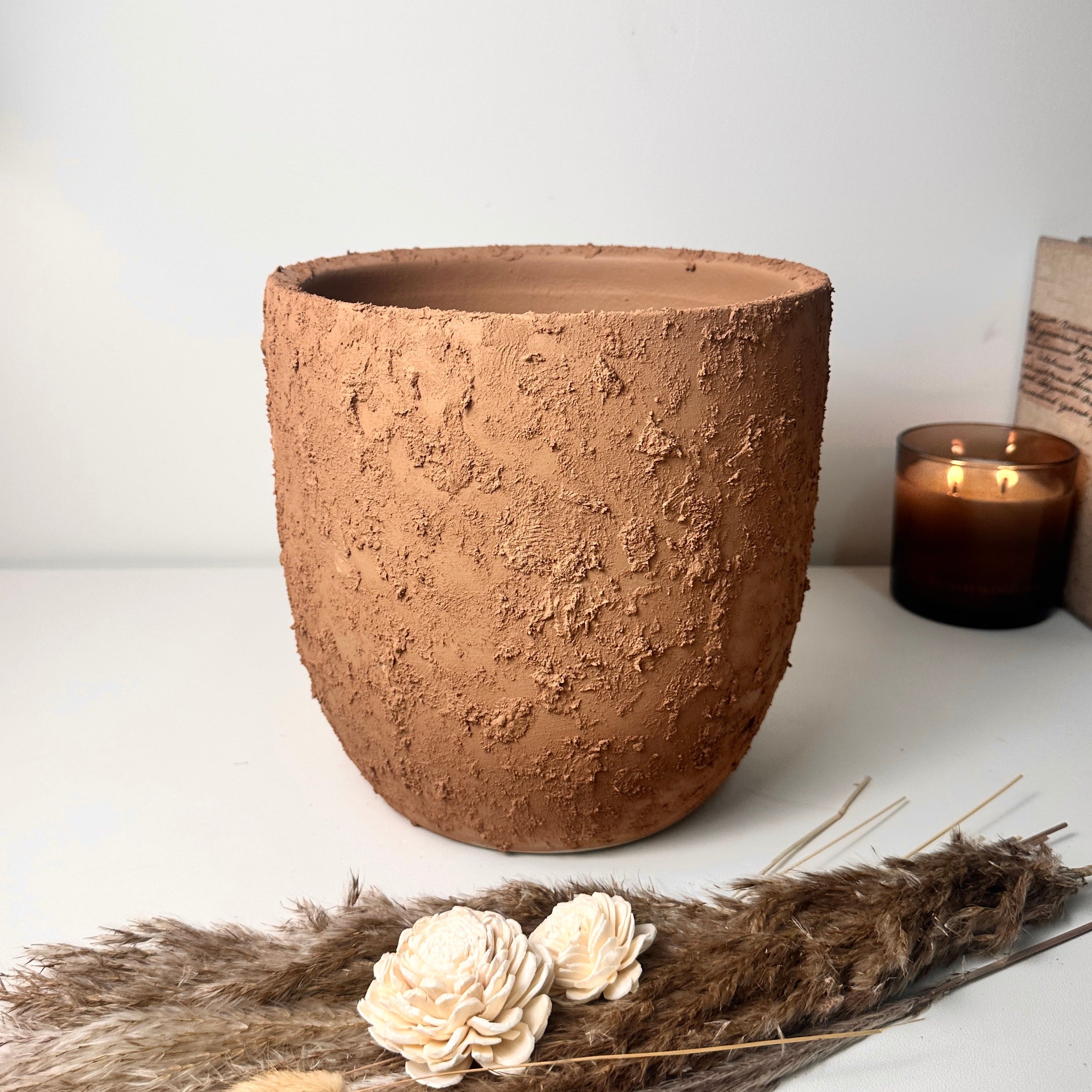 9" Tall Rustic Minimalist Hand-Painted & Textured Planter Pot with Drainage Hole -Terracotta Brown