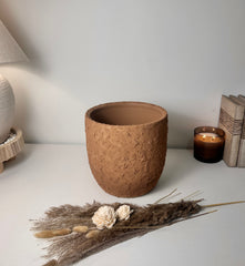 9" Tall Rustic Minimalist Hand-Painted & Textured Planter Pot with Drainage Hole -Terracotta Brown