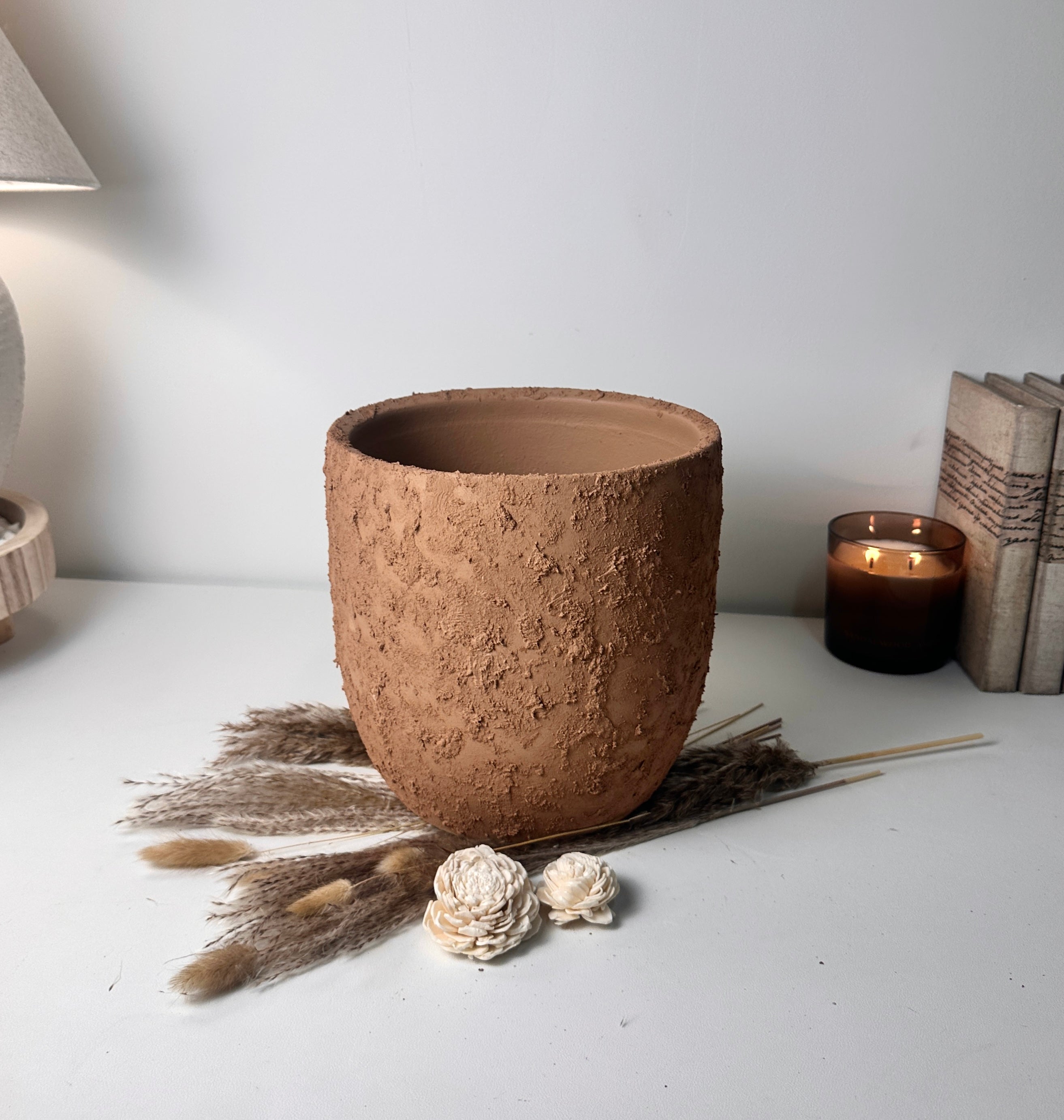 9" Tall Rustic Minimalist Hand-Painted & Textured Planter Pot with Drainage Hole -Terracotta Brown