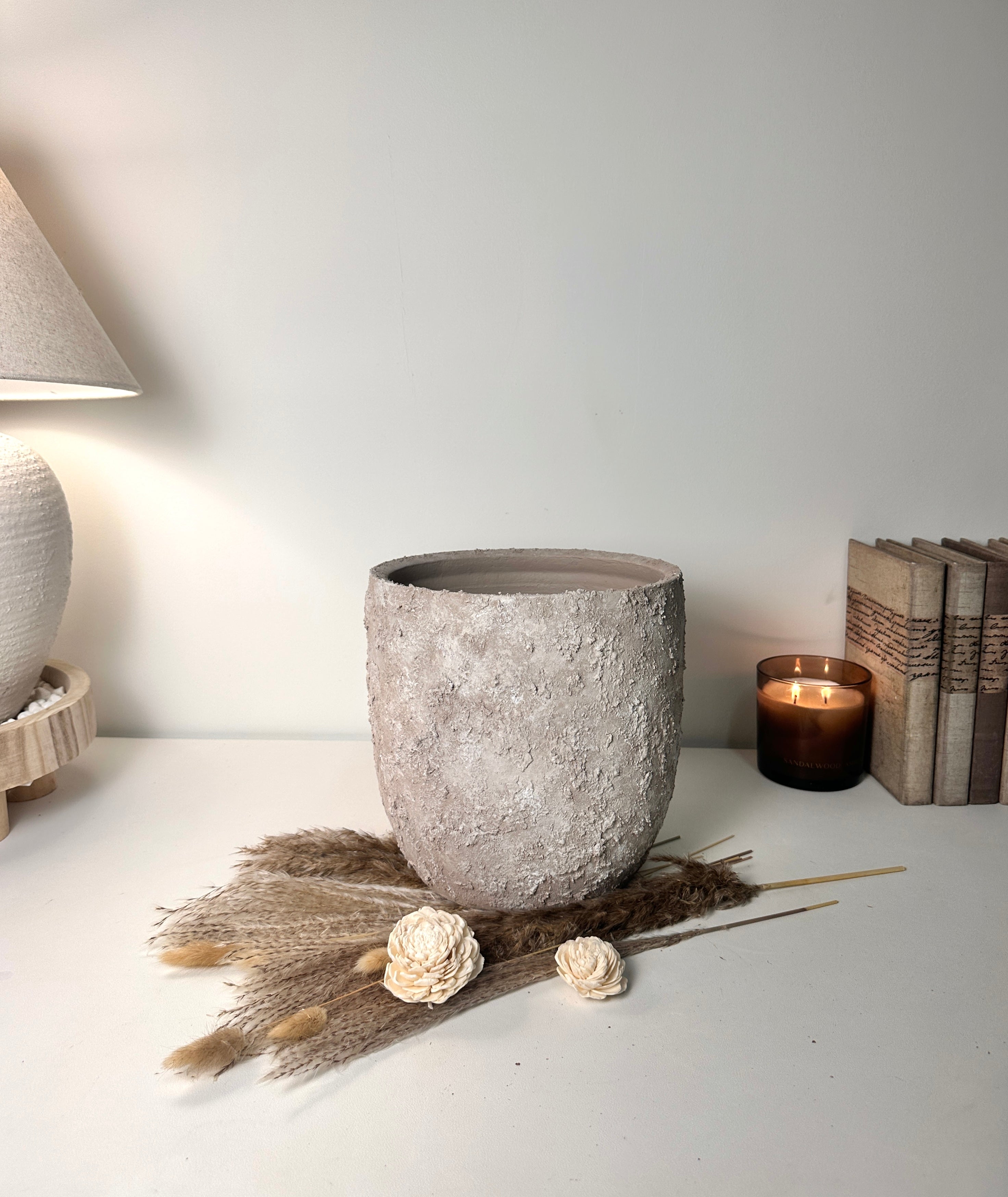 9" tall Minimalist Hand-Painted & Textured Planter Pot with drainage hole - Beige wash