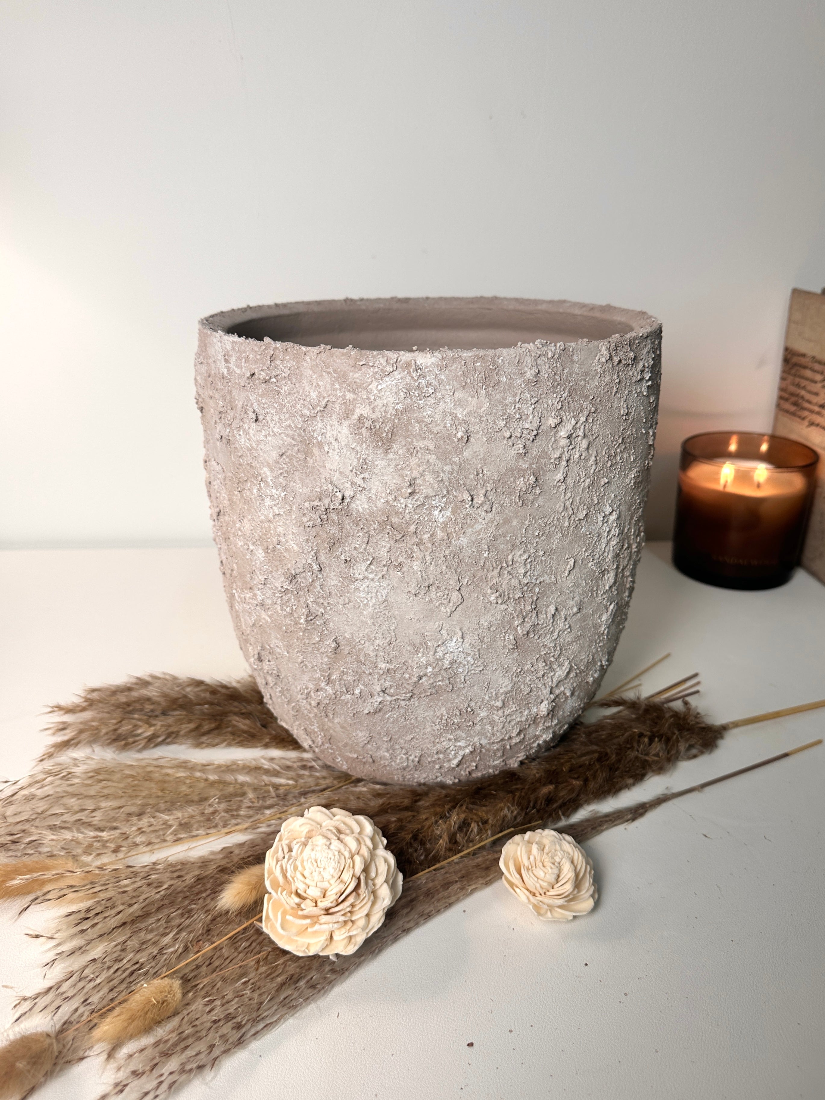 9" tall Minimalist Hand-Painted & Textured Planter Pot with drainage hole - Beige wash