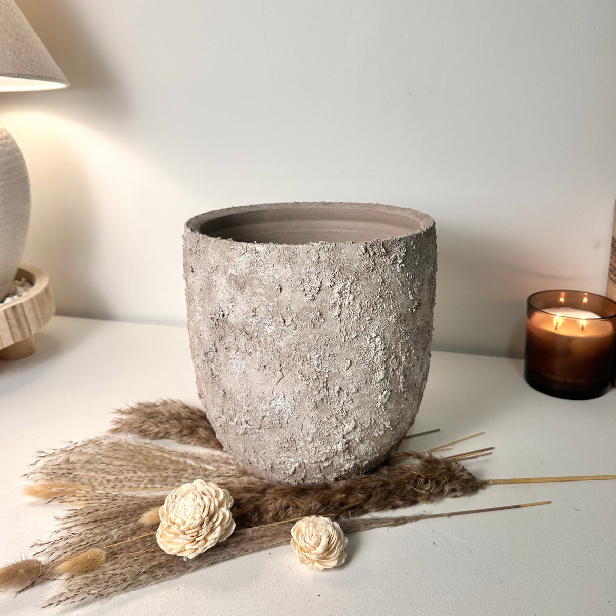 9" tall Minimalist Hand-Painted & Textured Planter Pot with drainage hole - Beige wash
