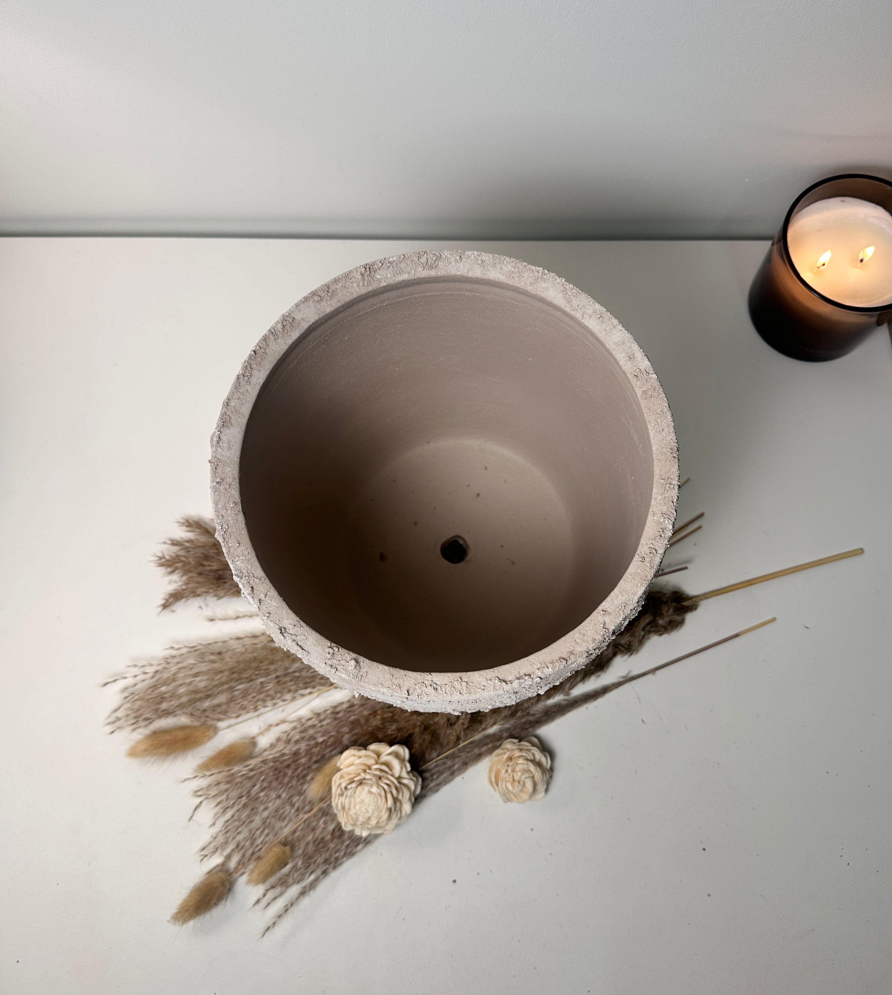 9" tall Minimalist Hand-Painted & Textured Planter Pot with drainage hole - Beige wash
