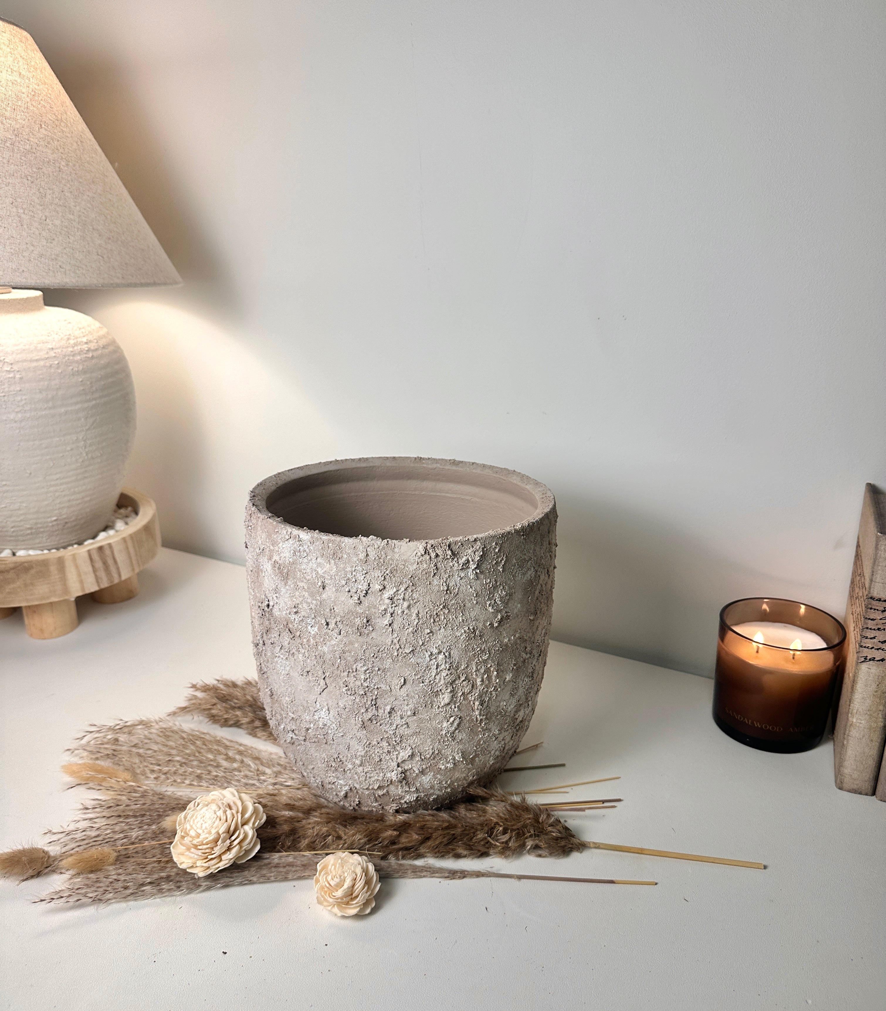 9" tall Minimalist Hand-Painted & Textured Planter Pot with drainage hole - Beige wash