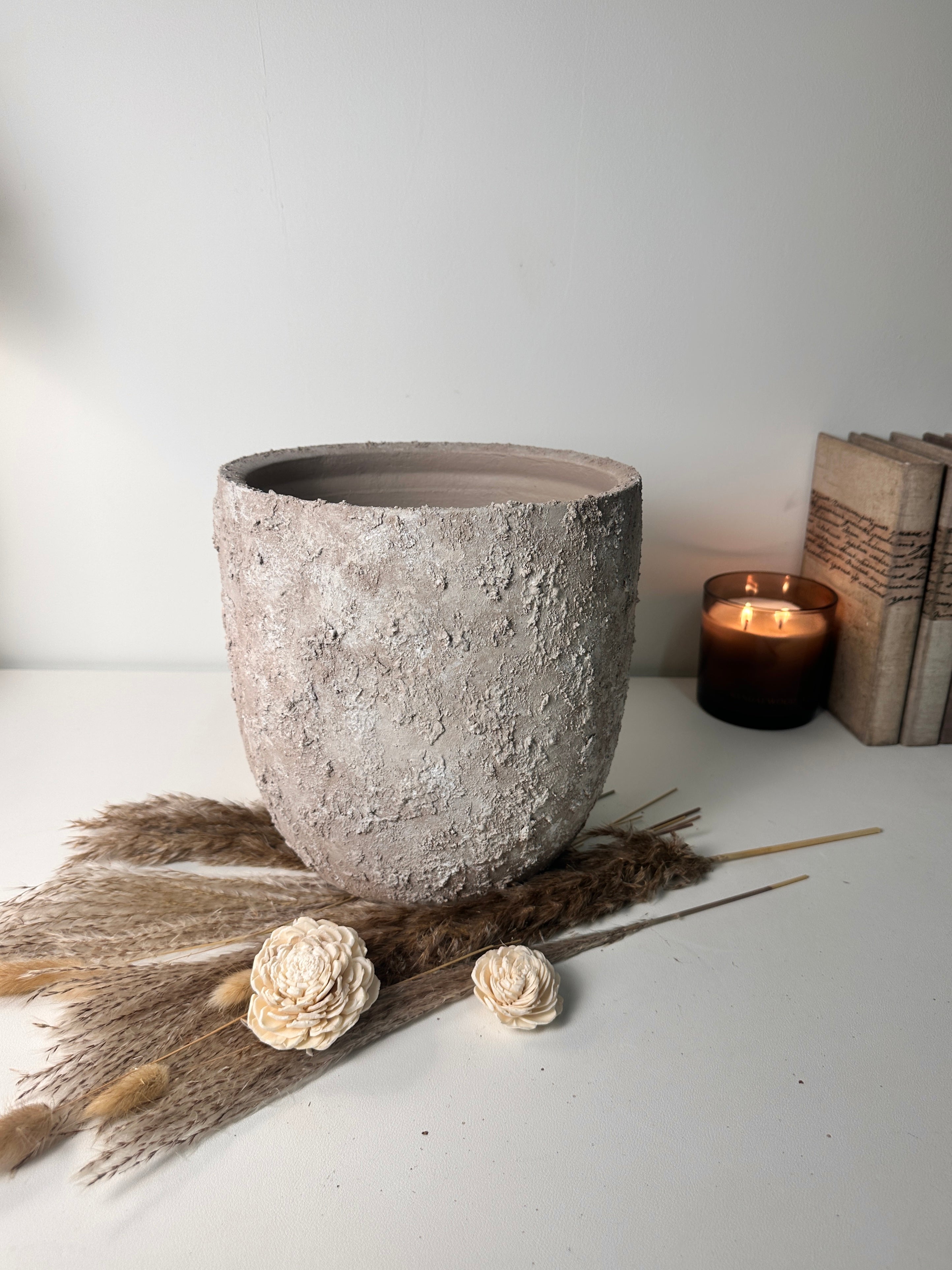 9" tall Minimalist Hand-Painted & Textured Planter Pot with drainage hole - Beige wash