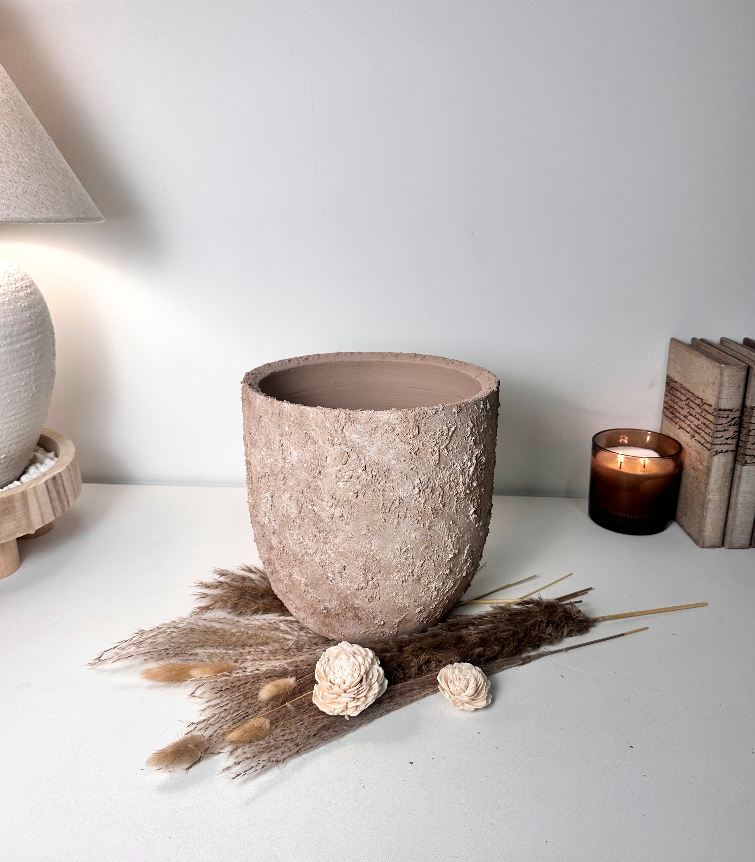 9" tall Rustic Hand-Painted & Textured Planter Pot with drainage hole - Light Brown