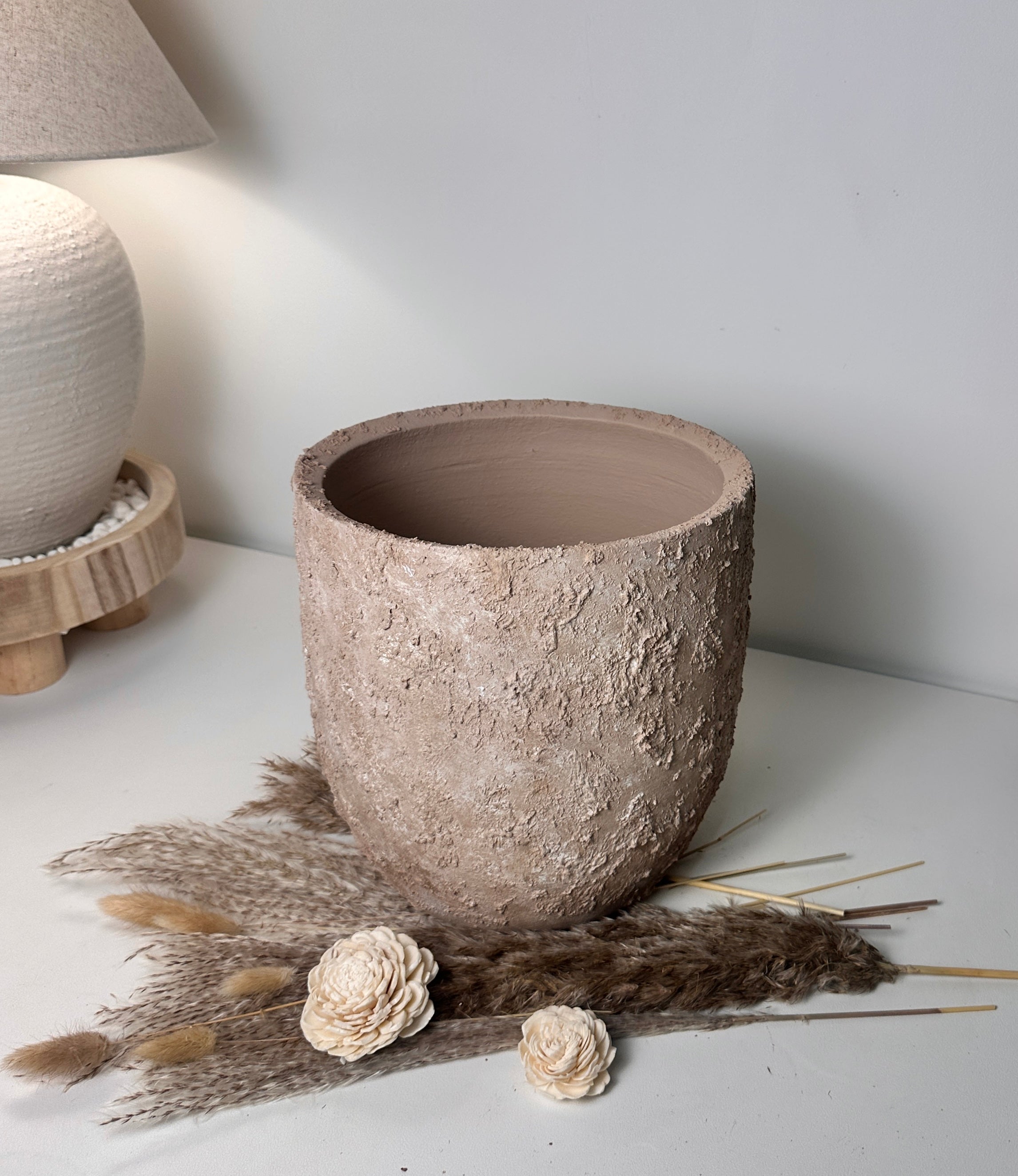 9" tall Rustic Hand-Painted & Textured Planter Pot with drainage hole - Light Brown