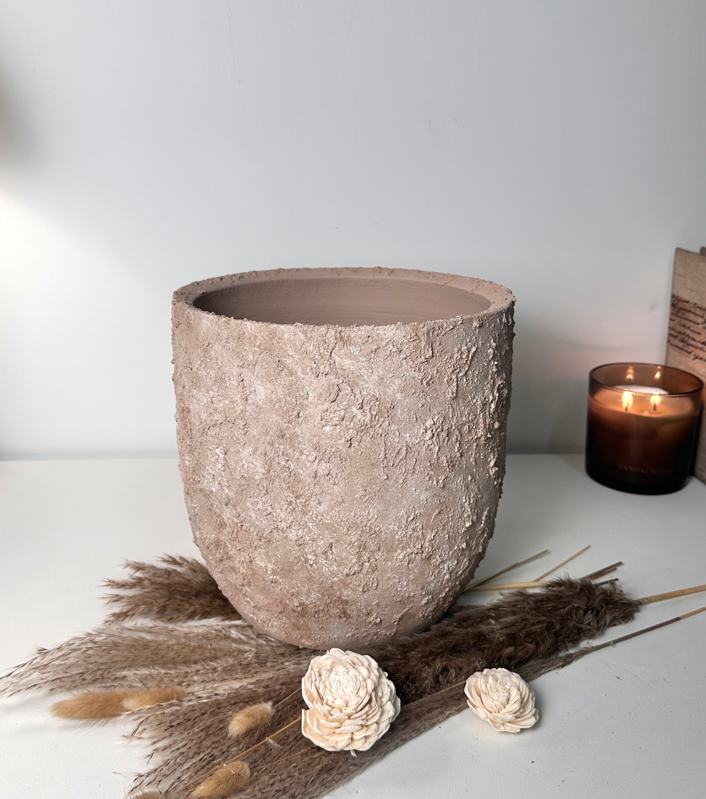 9" tall Rustic Hand-Painted & Textured Planter Pot with drainage hole - Light Brown