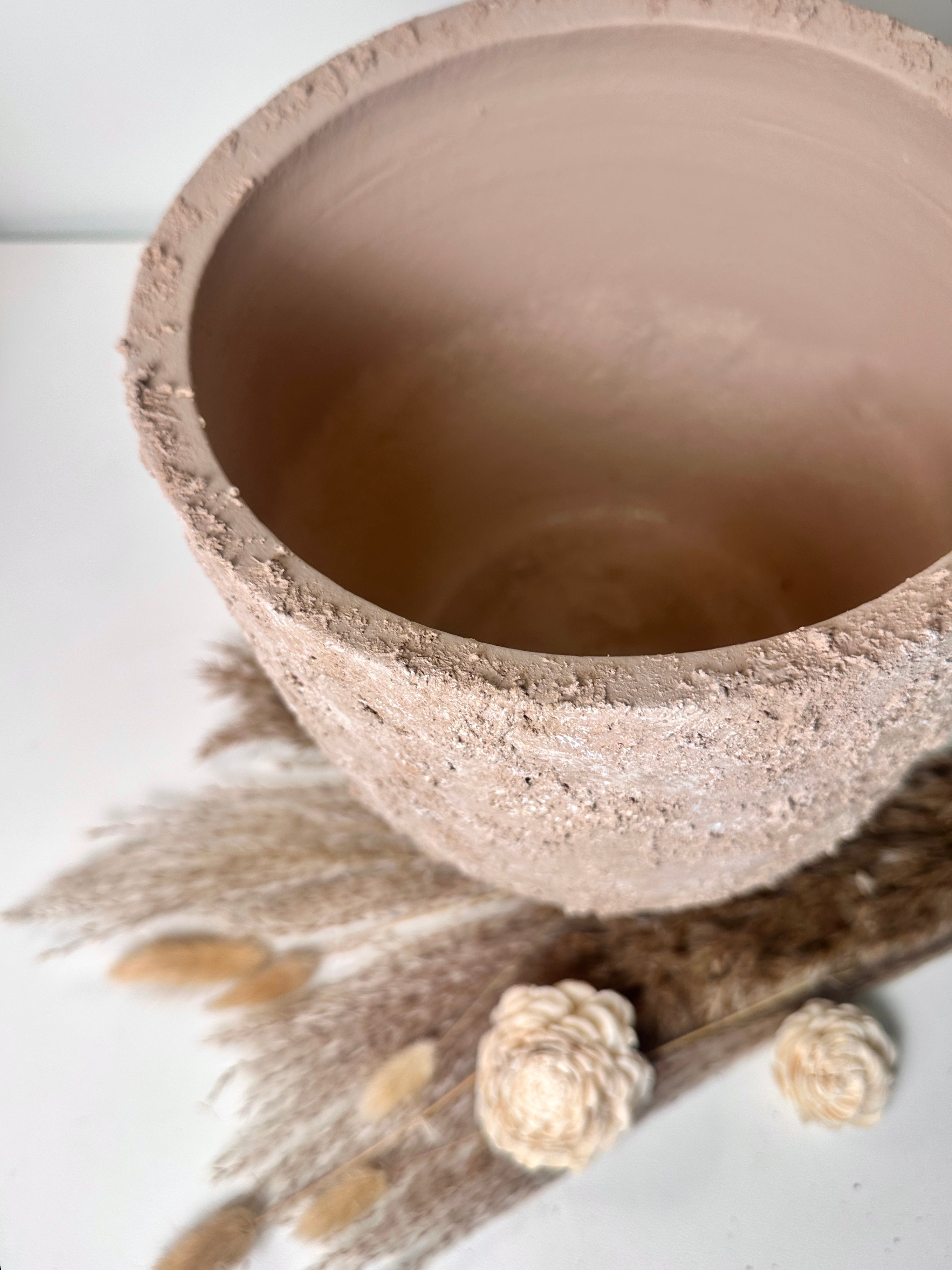 9" tall Rustic Hand-Painted & Textured Planter Pot with drainage hole - Light Brown