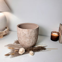 9" tall Rustic Hand-Painted & Textured Planter Pot with drainage hole - Light Brown