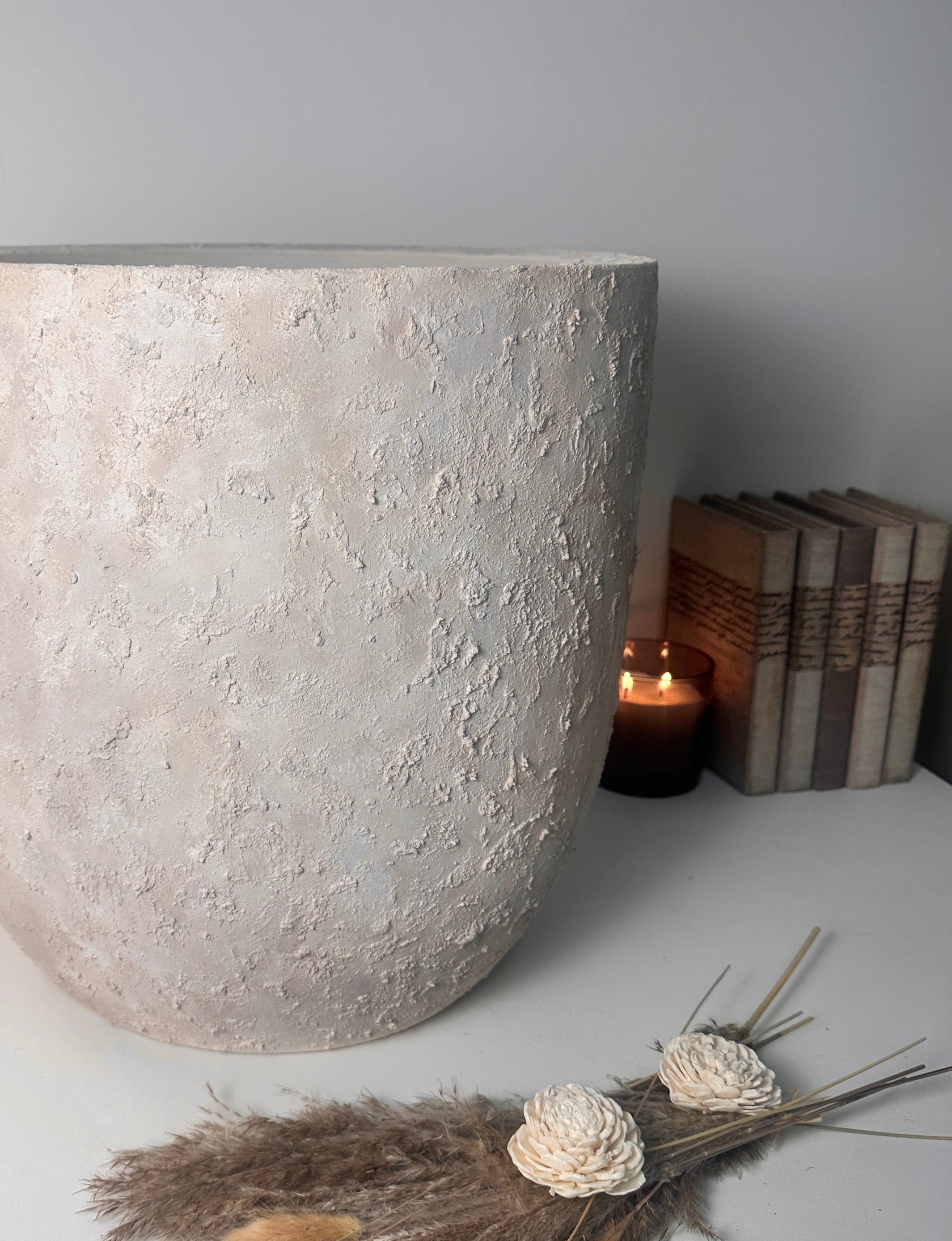 16.5" tall Minimalist Hand-Painted & Textured Planter Pot with drainage hole - cream sand wash (Model A)