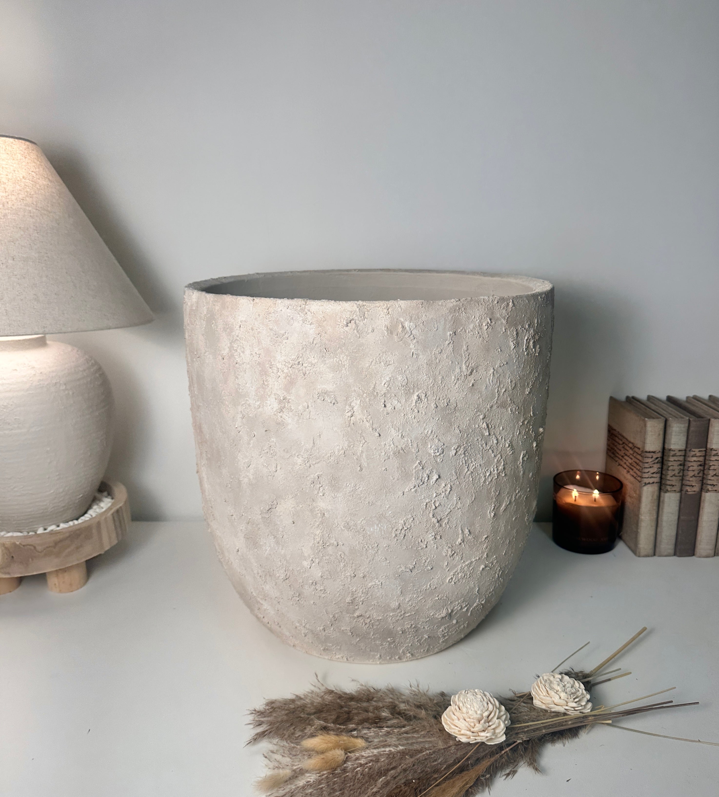16.5" tall Minimalist Hand-Painted & Textured Planter Pot with drainage hole - cream sand wash (Model A)