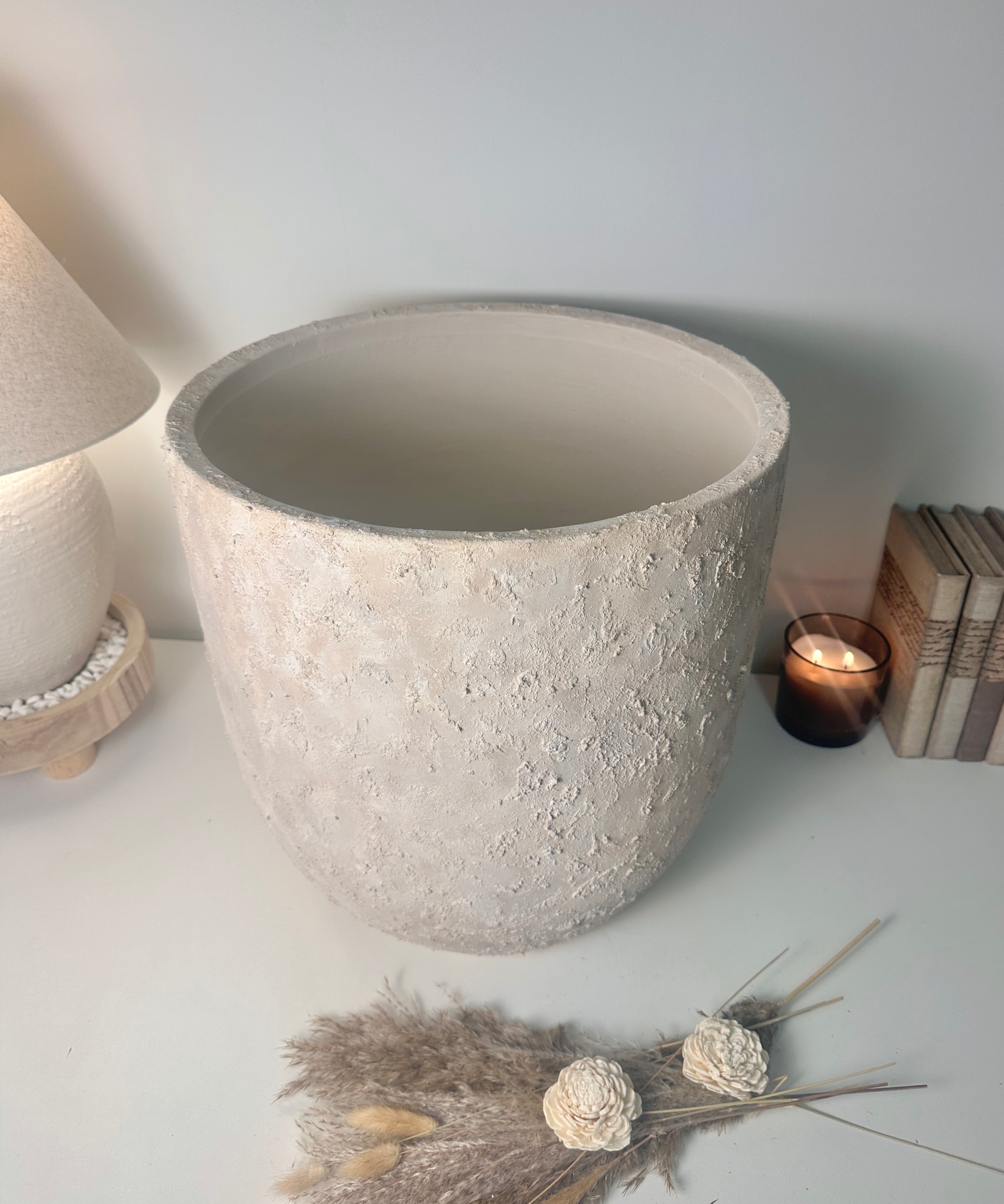 16.5" tall Minimalist Hand-Painted & Textured Planter Pot with drainage hole - cream sand wash (Model A)