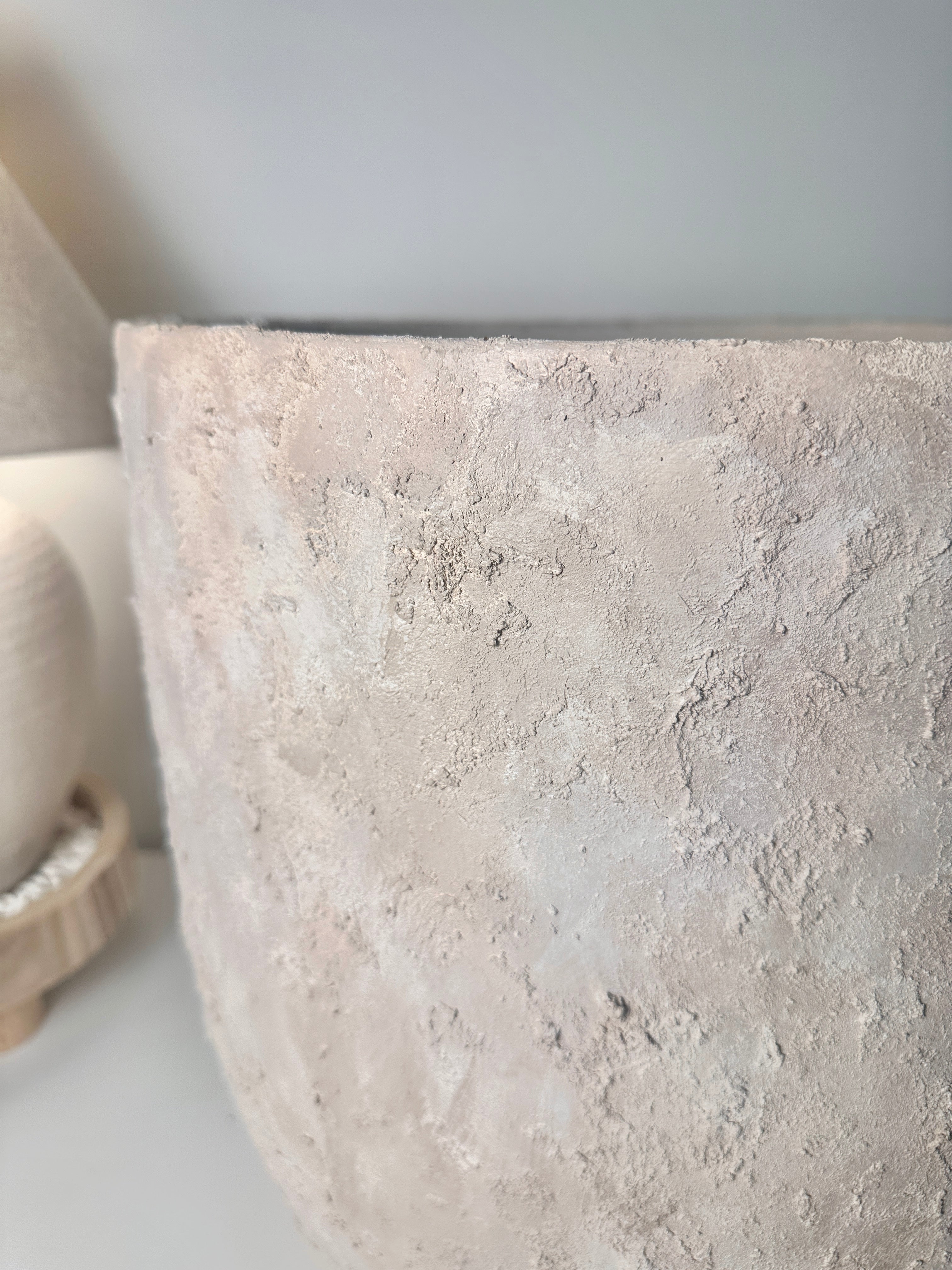 16.5" tall Minimalist Hand-Painted & Textured Planter Pot with drainage hole - cream sand wash (Model A)