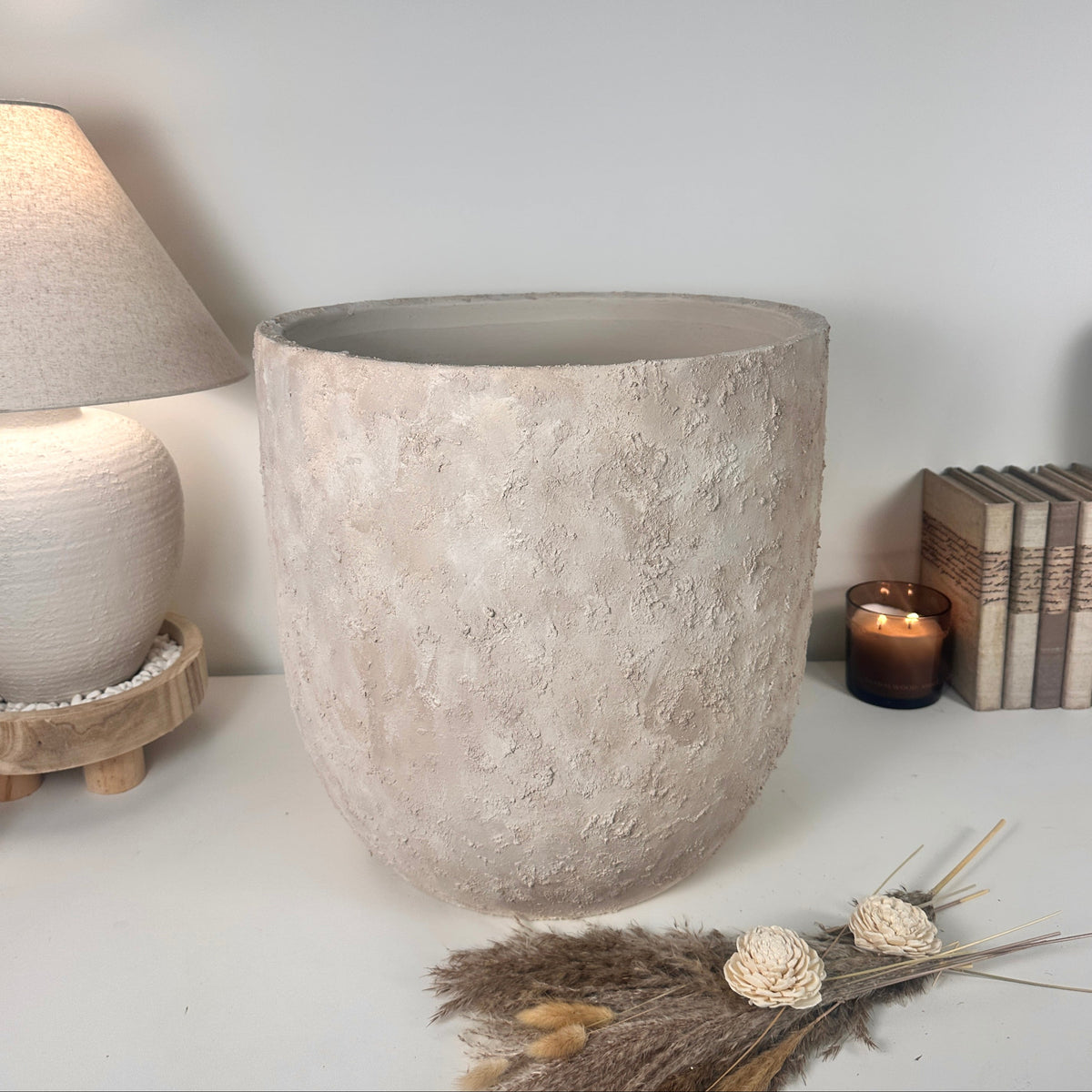 16.5" tall Minimalist Hand-Painted & Textured Planter Pot with drainage hole - cream sand wash (Model A)