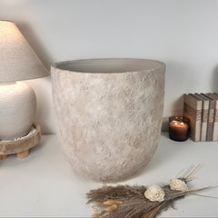 16.5" tall Minimalist Hand-Painted & Textured Planter Pot with drainage hole - cream sand wash (Model A)