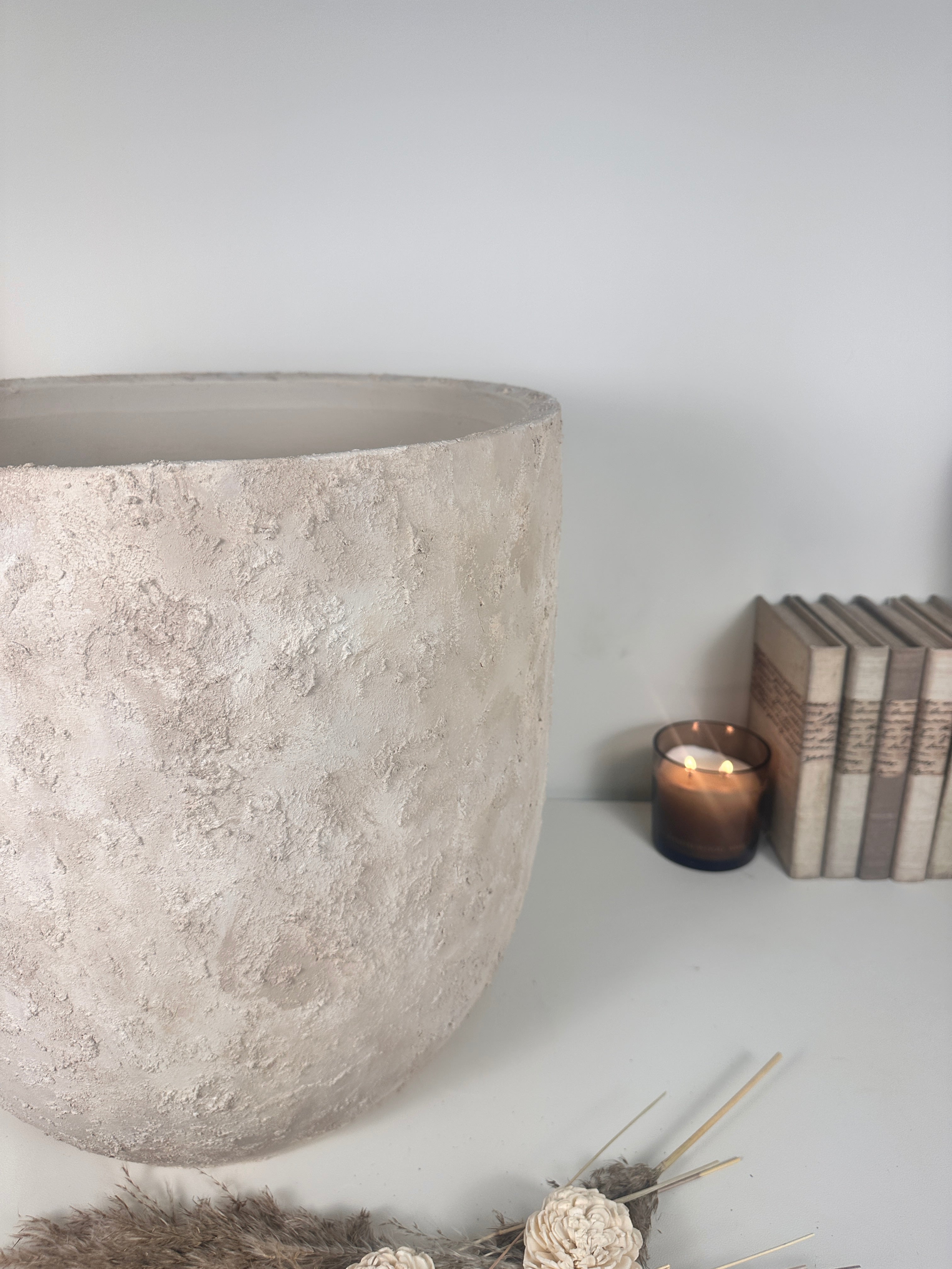 16.5" tall Minimalist Hand-Painted & Textured Planter Pot with drainage hole - cream sand wash (Model A)