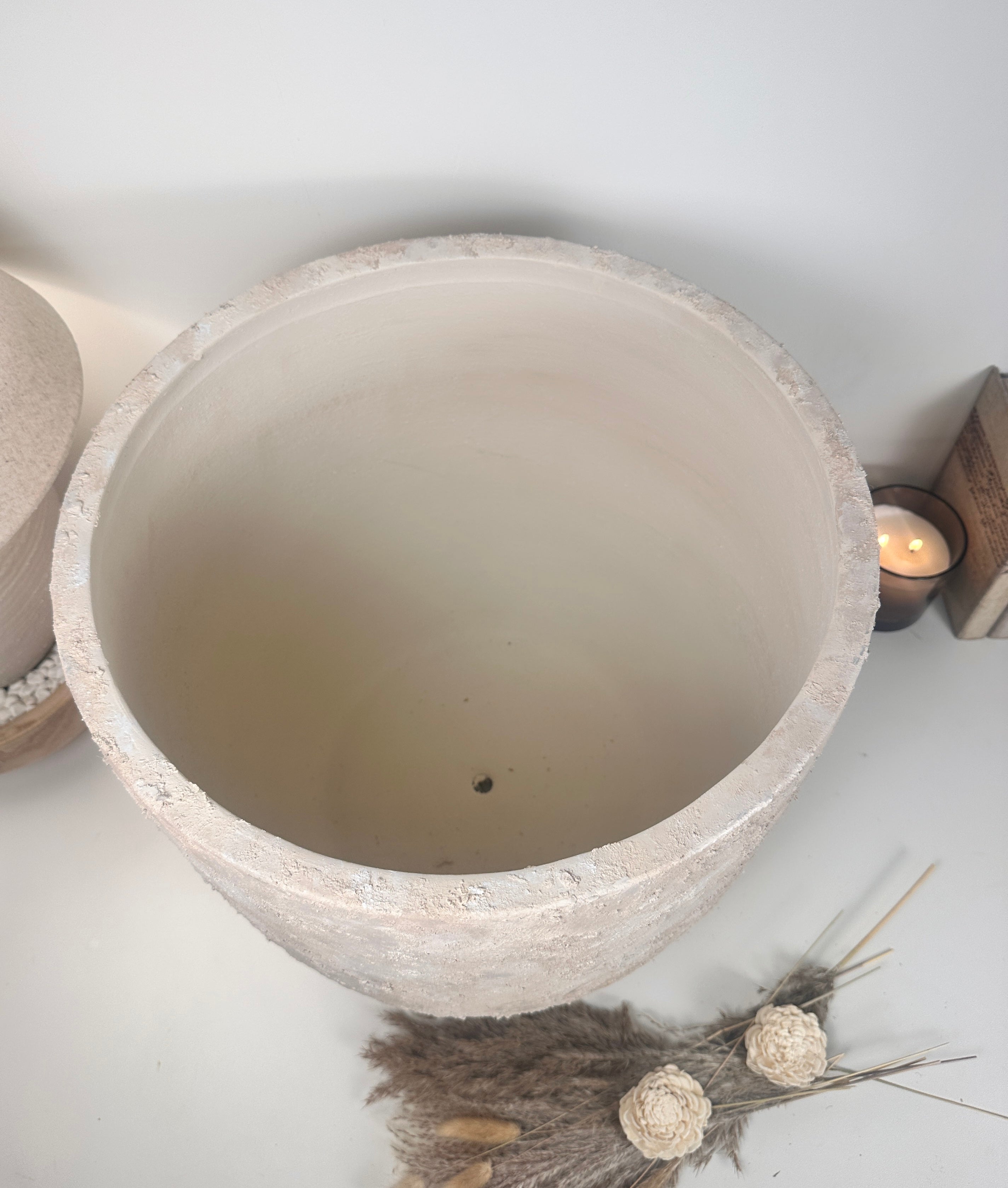 16.5" tall Minimalist Hand-Painted & Textured Planter Pot with drainage hole - cream sand wash (Model A)