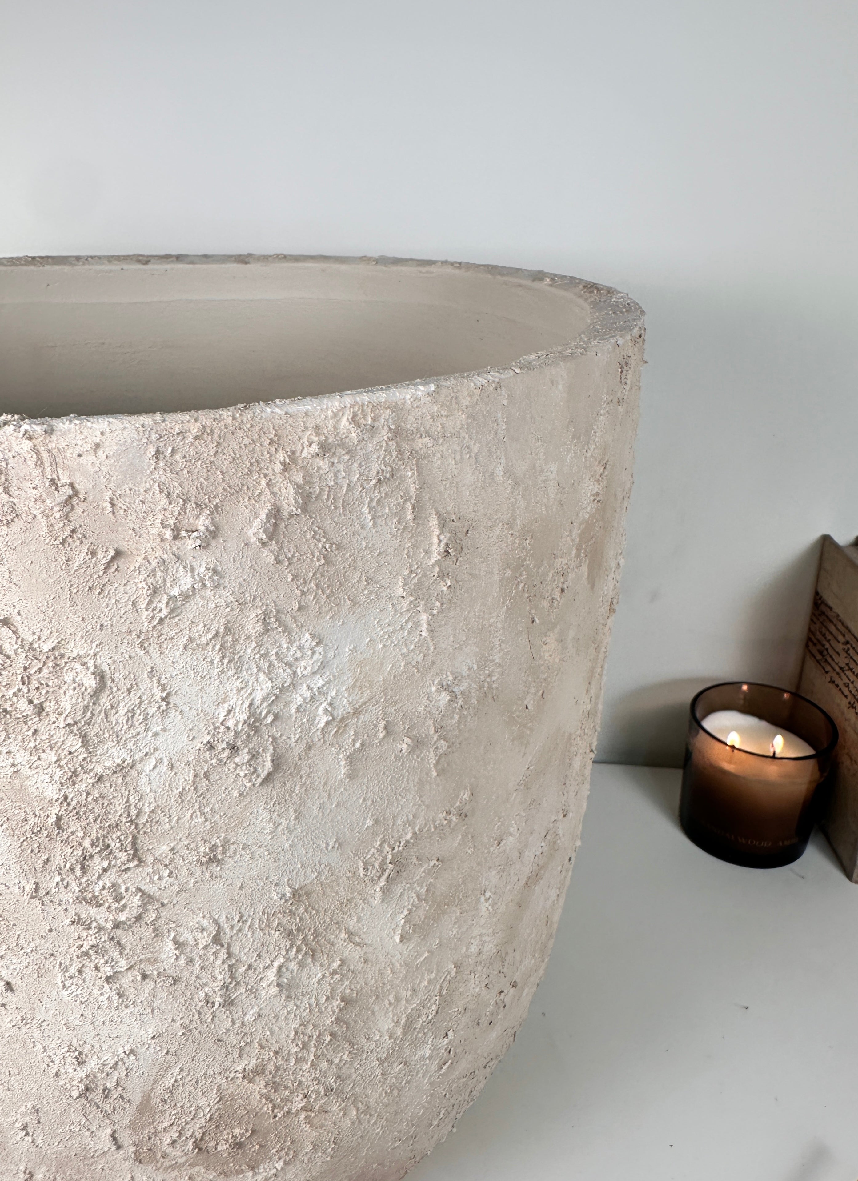16.5" tall Minimalist Hand-Painted & Textured Planter Pot with drainage hole - cream sand wash (Model A)