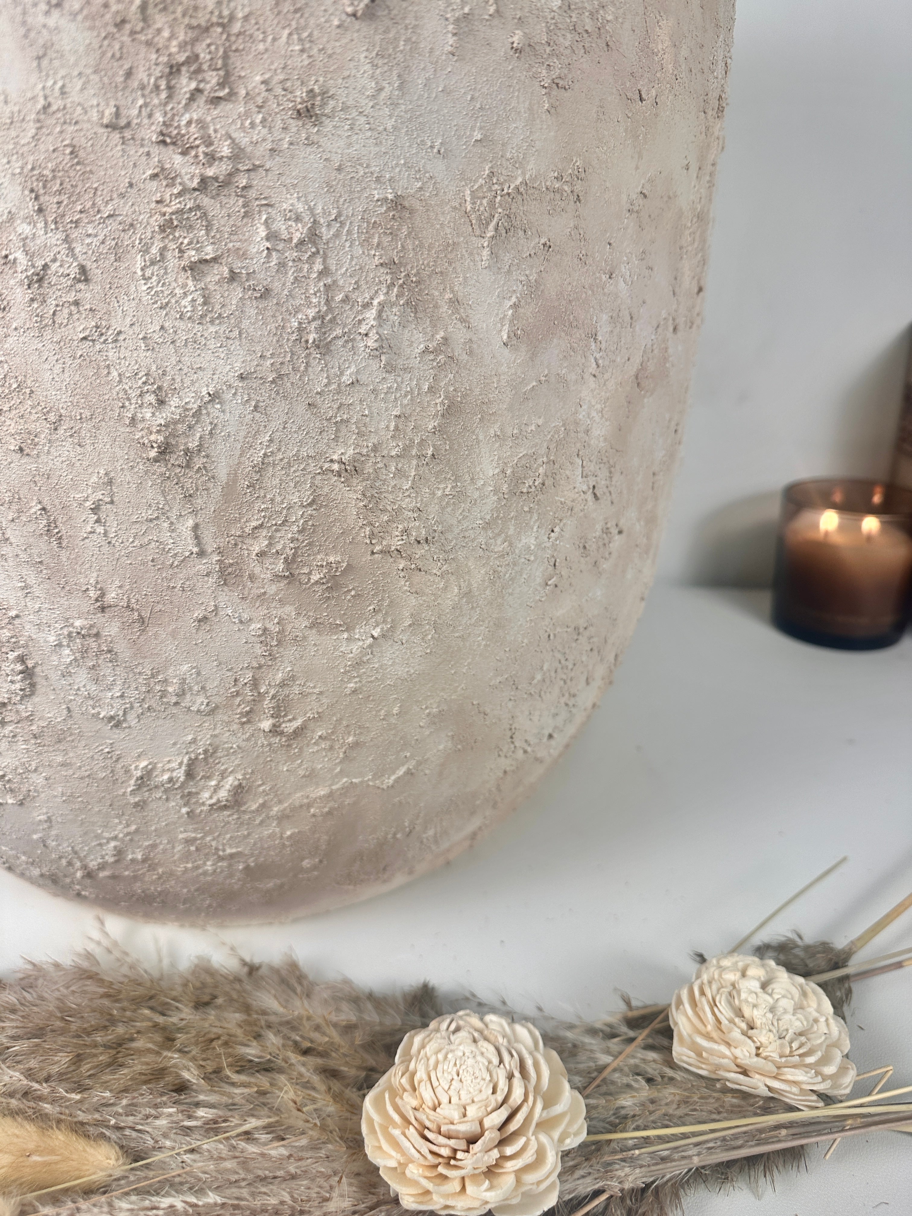16.5" tall Minimalist Hand-Painted & Textured Planter Pot with drainage hole - cream sand wash (Model A)