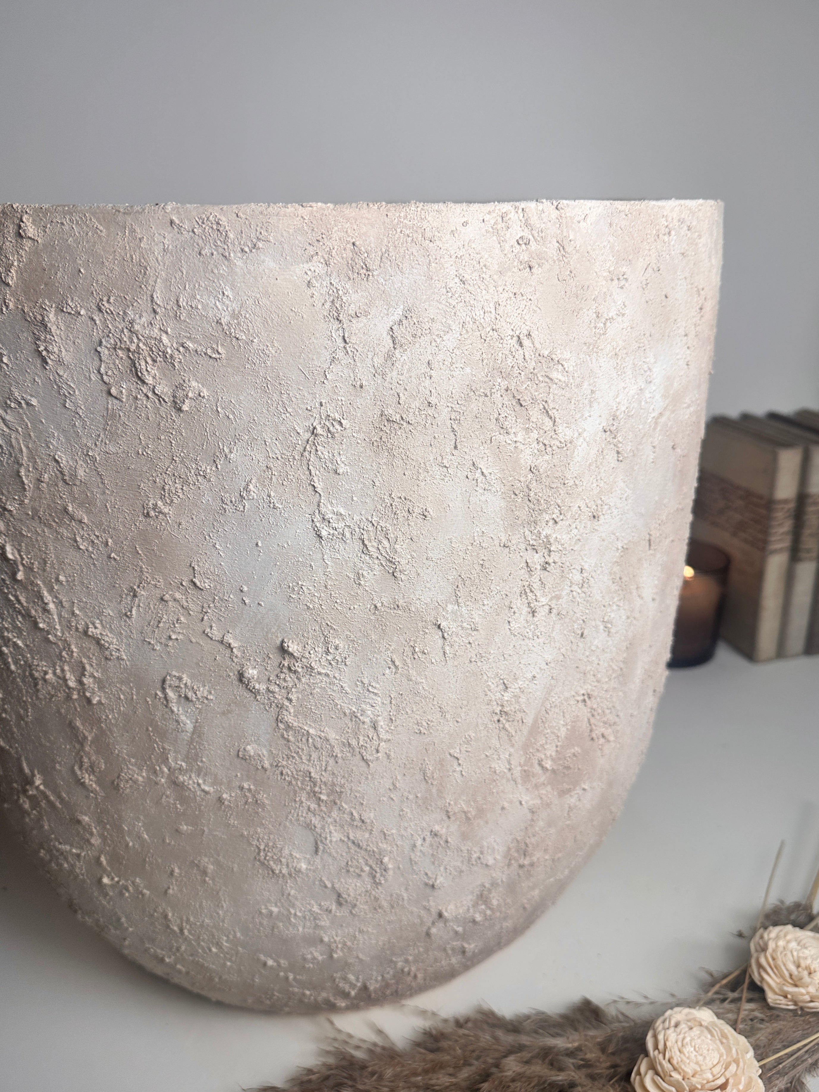 16.5" tall Minimalist Hand-Painted & Textured Planter Pot with drainage hole - cream sand wash (Model A)
