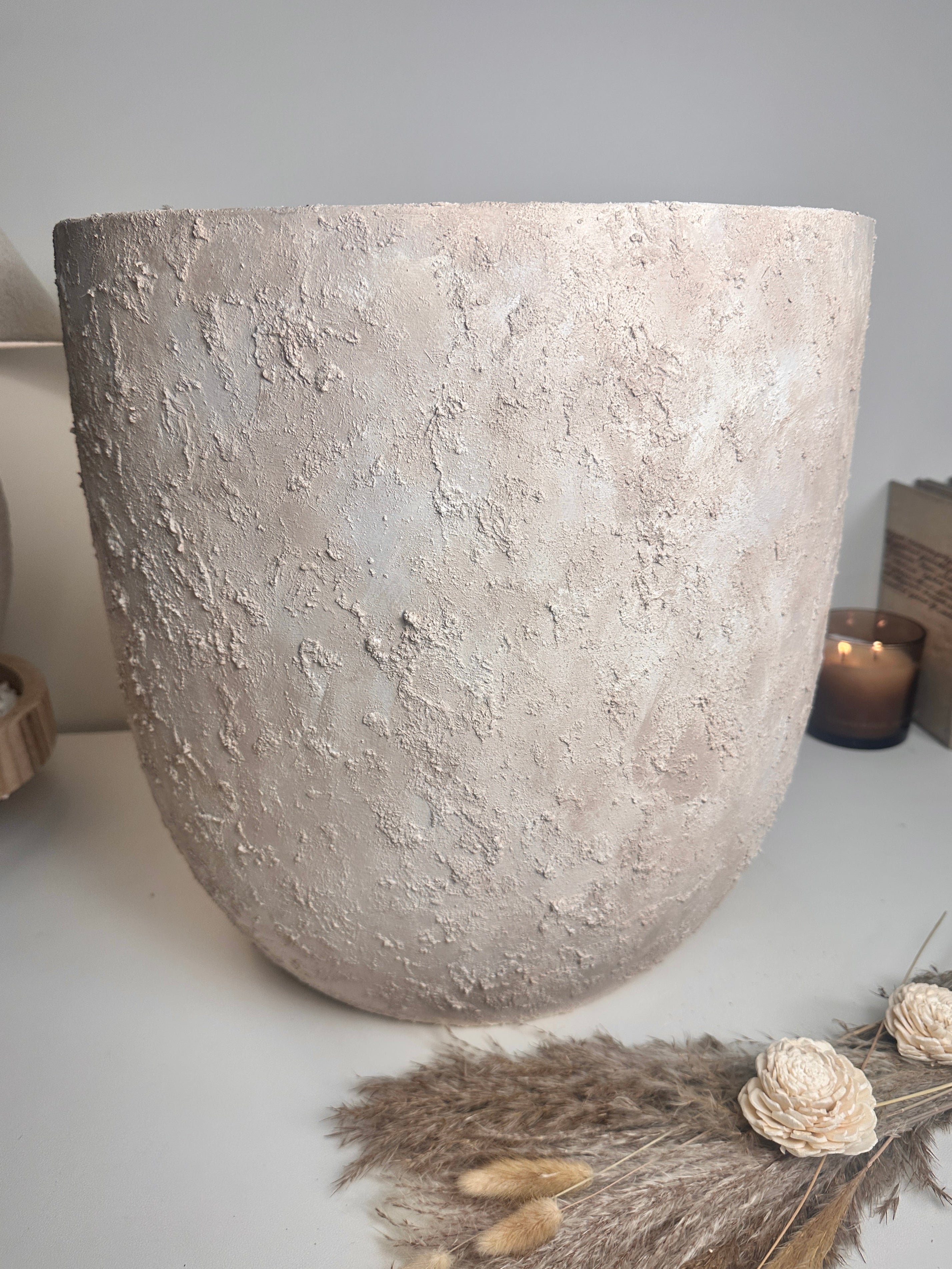 16.5" tall Minimalist Hand-Painted & Textured Planter Pot with drainage hole - cream sand wash (Model A)