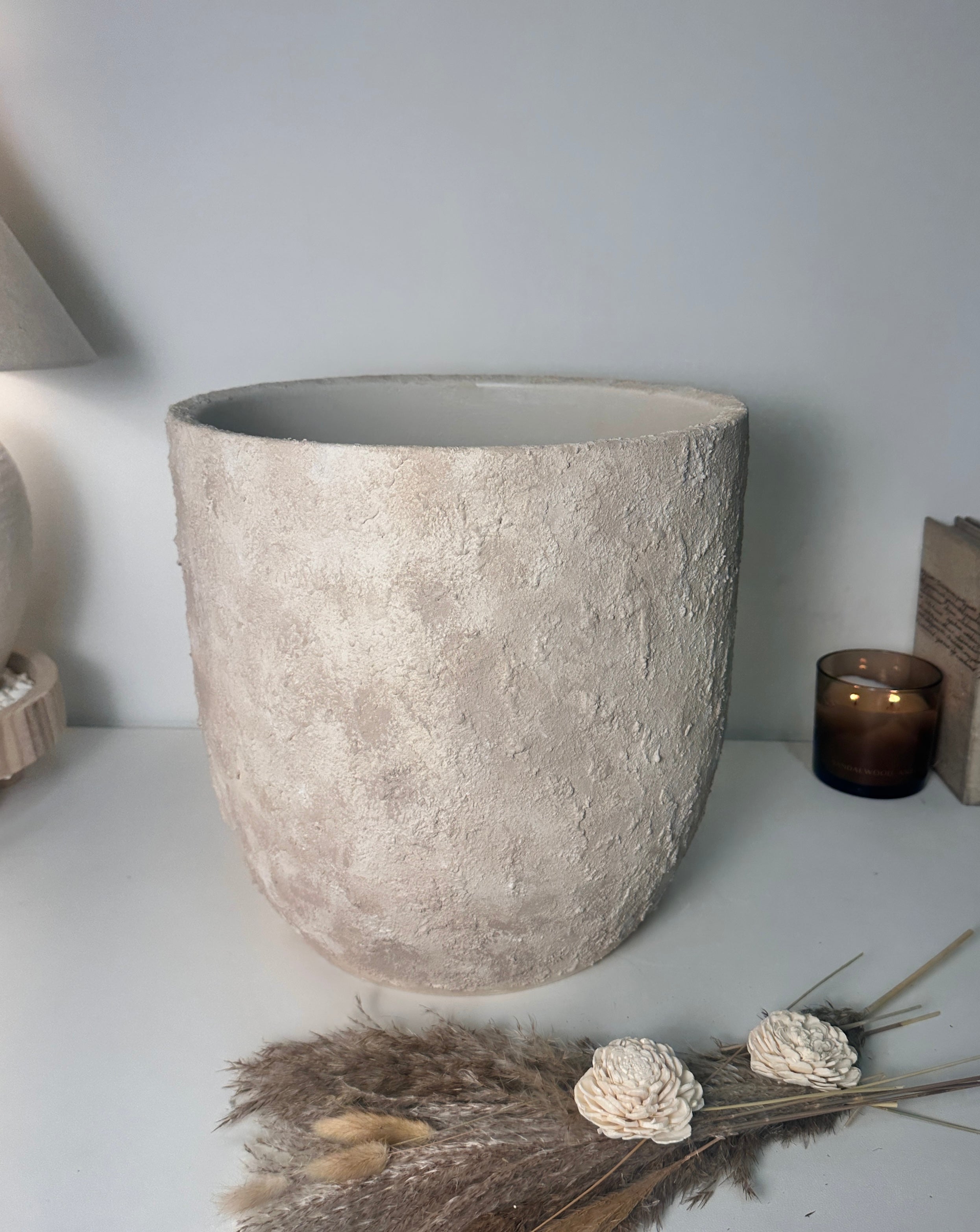 13.5" tall Minimalist Hand-Painted Planter Pot with Drainage Hole - Cream Ash